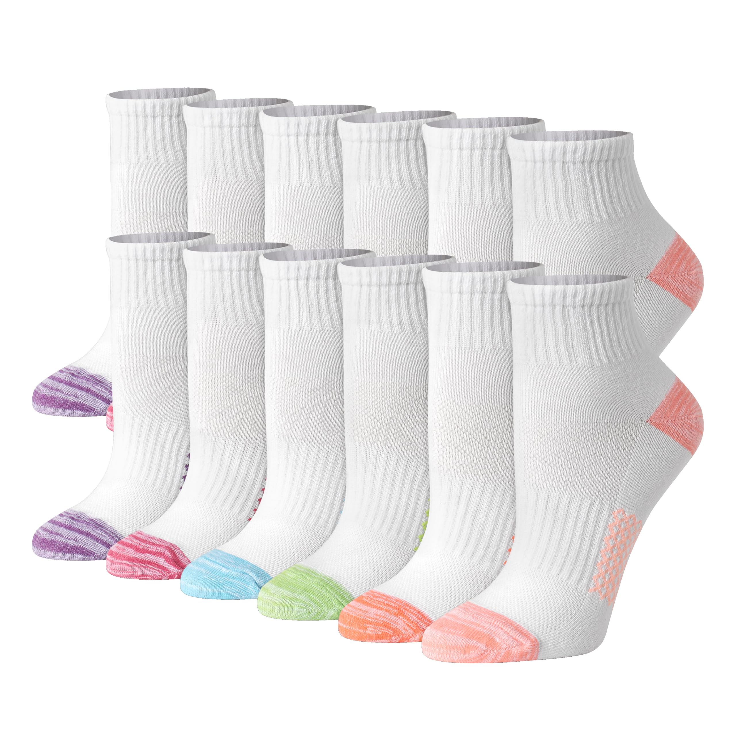 Hanes Women's Ankle, Lightweight Breathable Ventilation, Quarter Socks, Grey, White, Black, 6 and 12-Packs, Assorted-12, 5-9