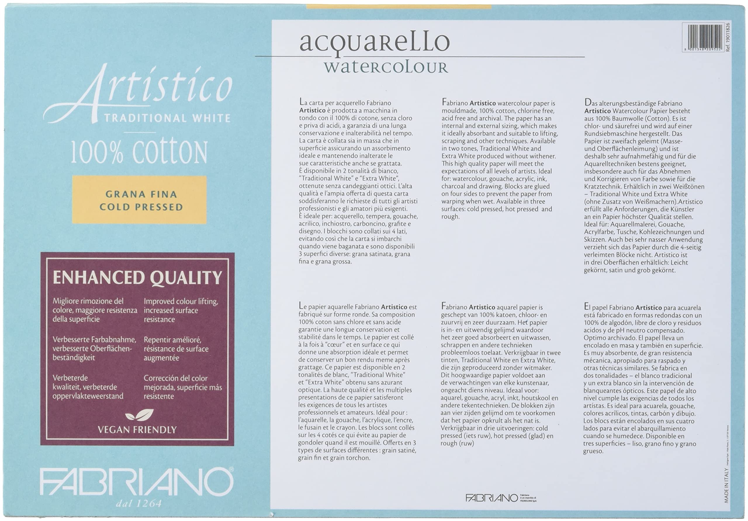 Honsell Fabriano Artistico Acquarello 19011826 Watercolour Papier blanc naturel à grain fin pressé froid 20 feuilles 300 g/m²