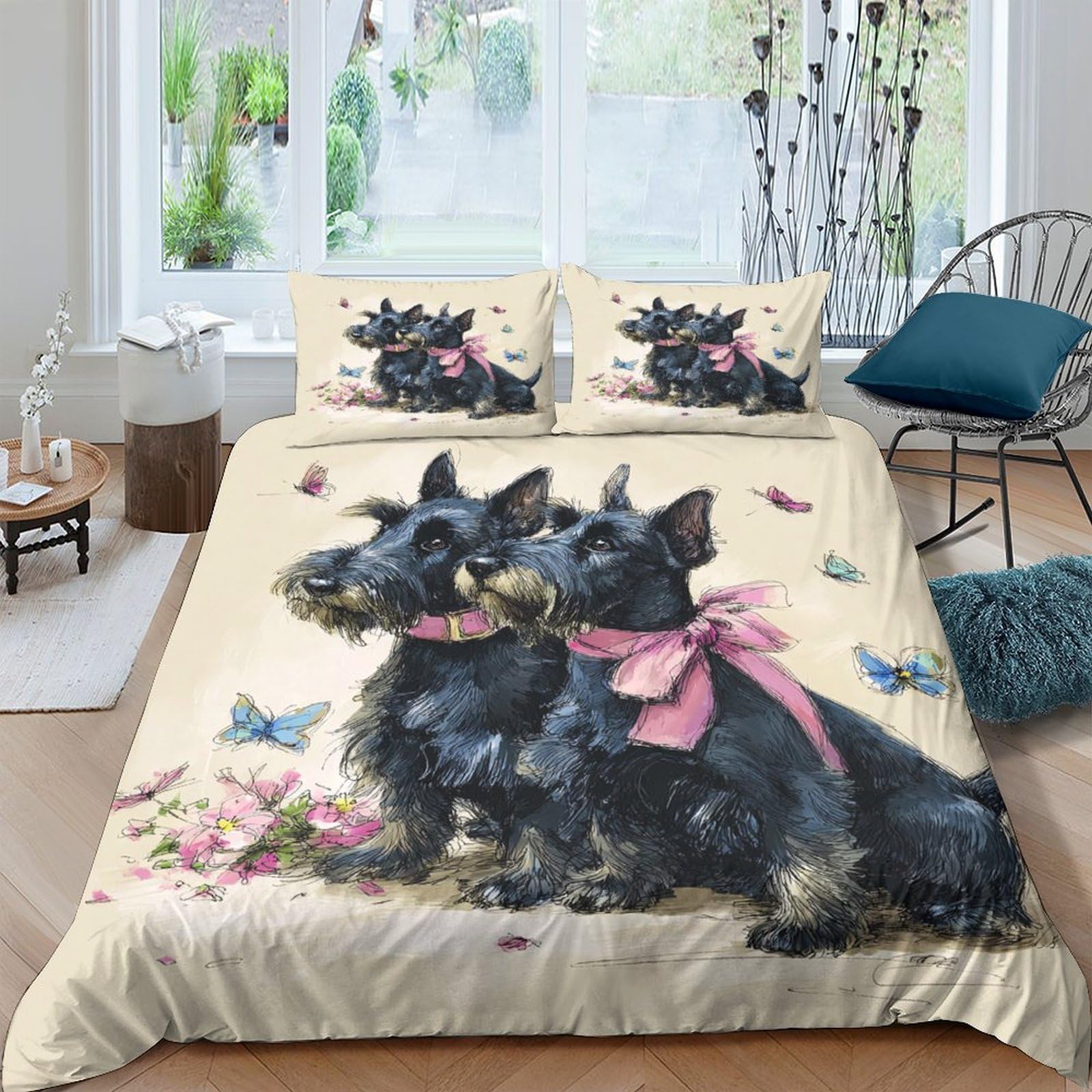 Ctjqhvkz Style-8 3D Printed Black Scottish Terrier Fitted Sheet Microfiber Soft Dog Bowtie Mattress Cover Bedroom Decor Single（135X200cm）