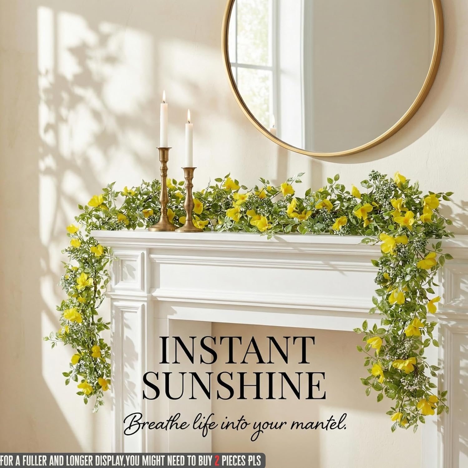 5 Ft Artificial Yellow Flower Garland, 60 Inch Spring Greenery Vine with Frosted Leaves & White Berries, Vibrant Floral Mantel Decor & Easter Table Centerpiece, Farmhouse Summer Home Accent