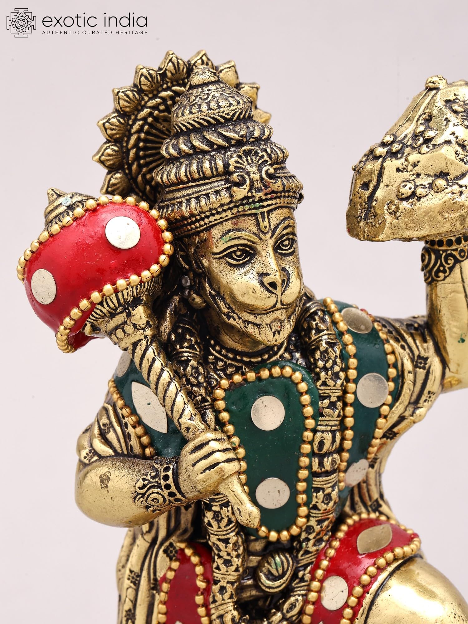 Exotic India Lord Hanuman z mosiężną statuetką Sanjivani z inkrustacją, hinduski bóg idol do pokoju Pooja i wystroju domu