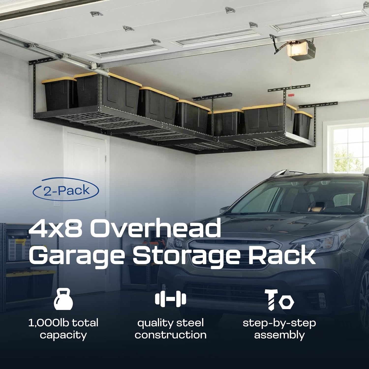 2-Pack 4 x 8 MonsterRax Overhead Garage Storage Rack, Ceiling Racks for Garage, Organization Shelving, Adjustable Hanging Shelf, Grey, 12"-21" Height Adjustment