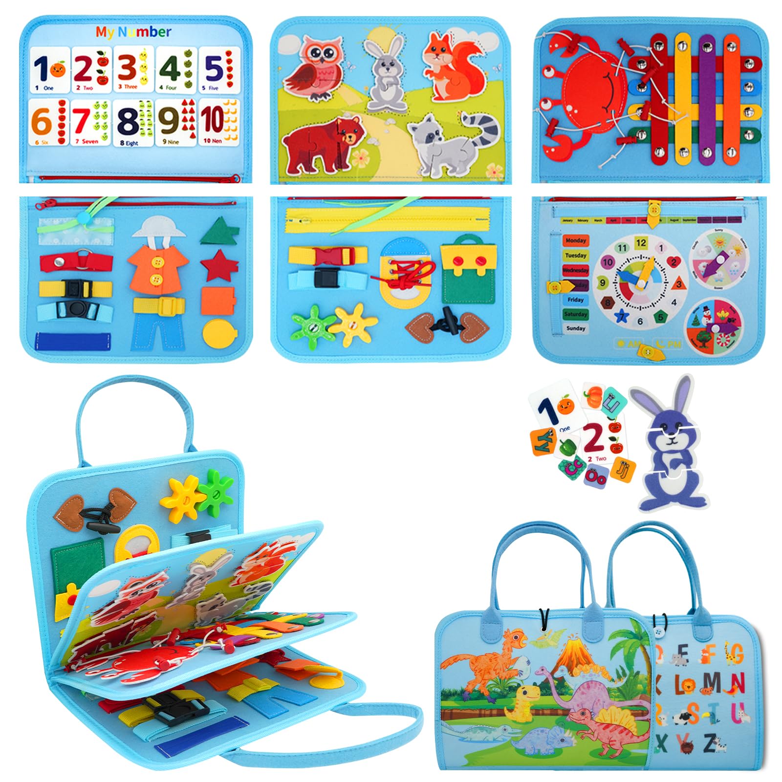 MEGRANATE Montessori Busy Board, Busy Book Educational Learning Toys for Kids Quiet Book Activity Books Fine Motor Skills Toys for 3+ Year Old Kids (Blue)
