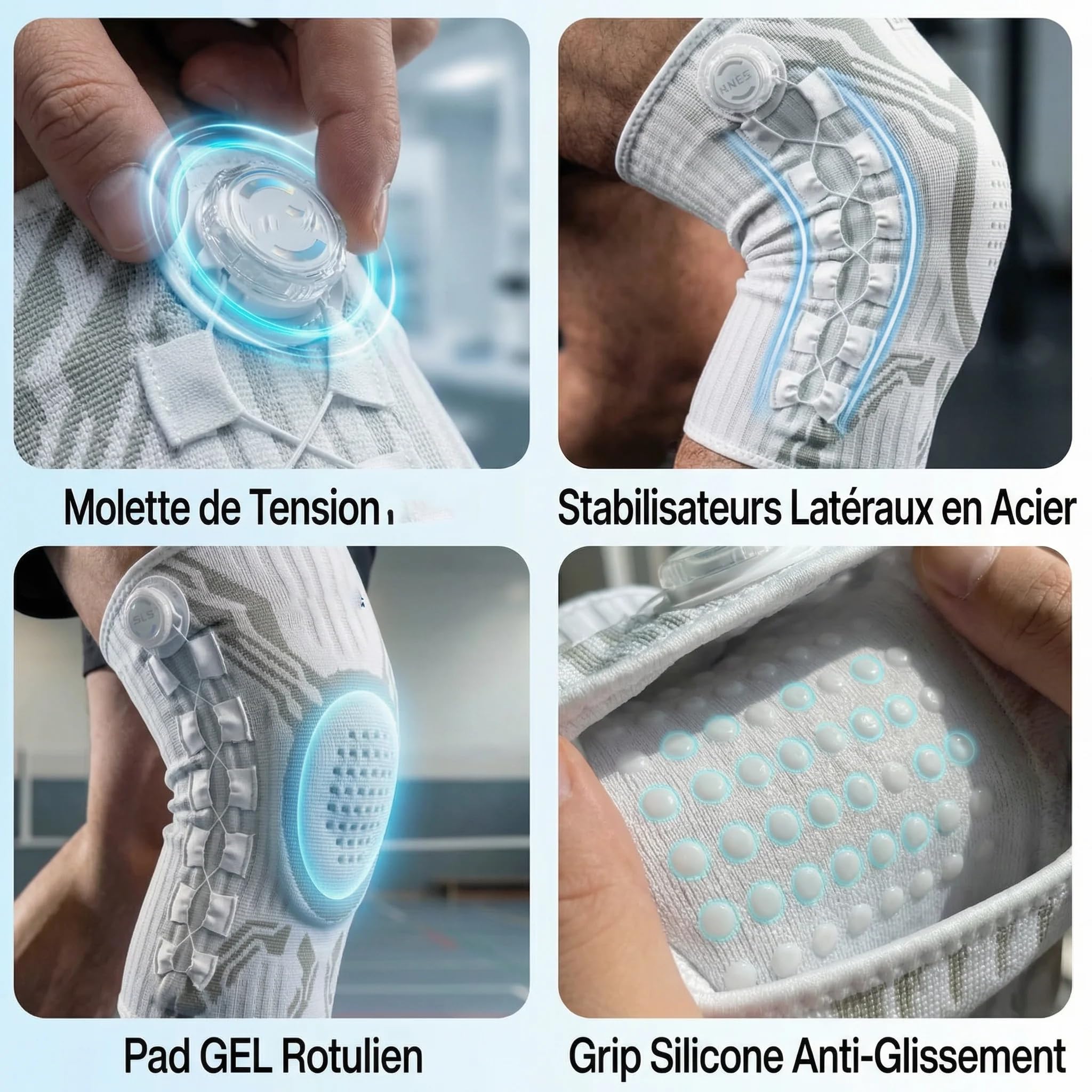 Sanovie STABILIX PRO Genouillère avec bouton de réglage rapide - pour un ajustement personnalisé, avec soutien de ressort et coussin de gel - matériau respirant et anti