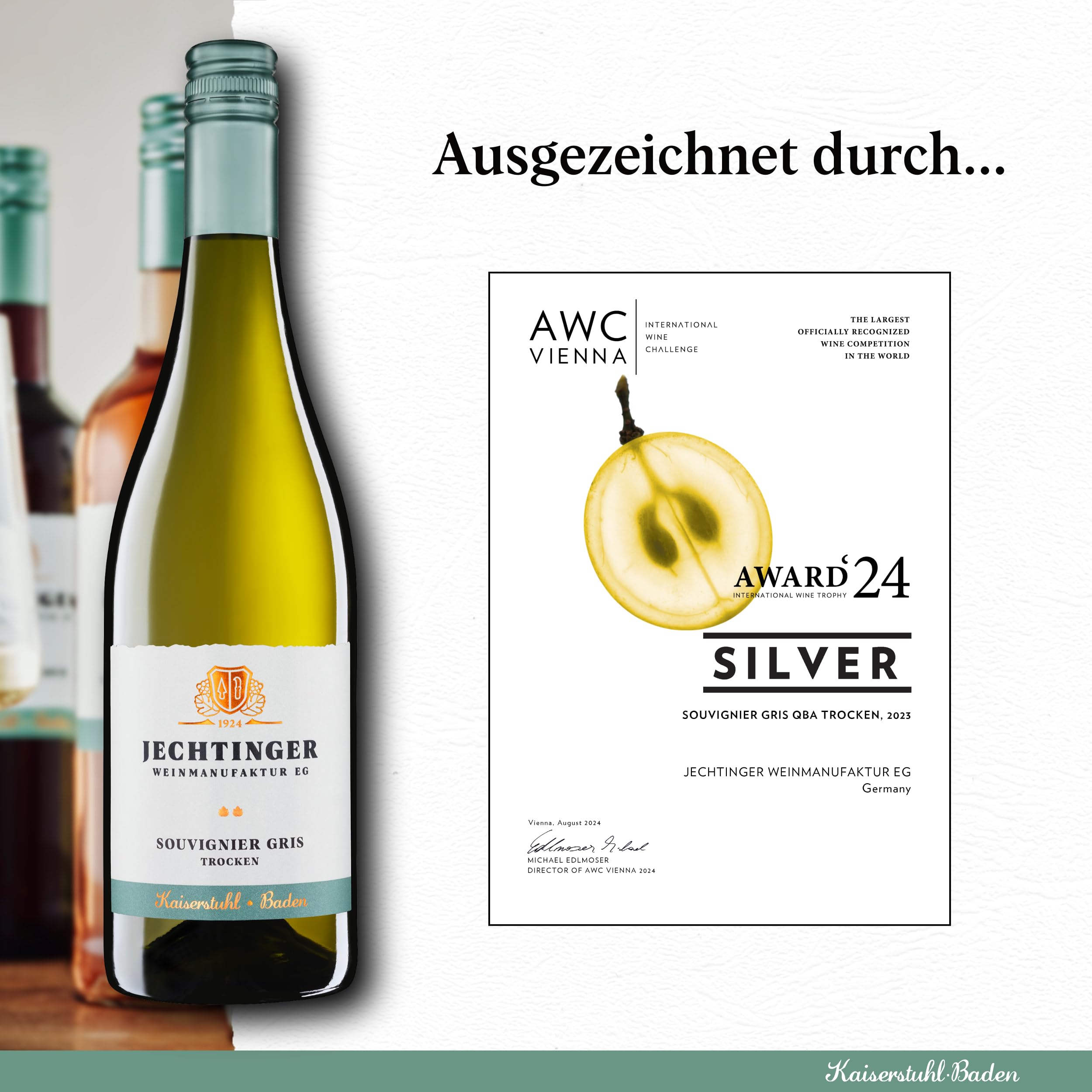 Jechtinger Souvignier Gris HAUS & HOF QbA trocken – SILBER 2024 AWC Vienna – Weißwein trocken, fein-fruchtig mit Aromen von Apfel, Mirabelle & Pfirsich - Anbaugebiet Kaiserstuhl (6 x 0,75 l)