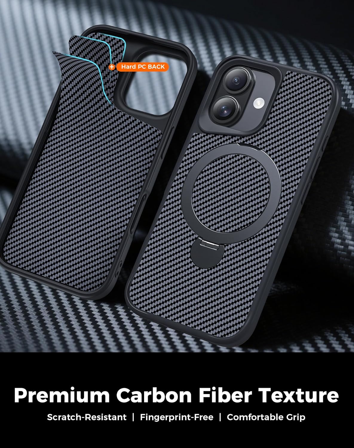 Designed for iPhone 17 Case with 360° Magnetic Stand, Carbon Fiber Phone Case [Compatible with Magsafe] [15FT Military Protection] with Stand Ring 6.3'', Black - Image 4