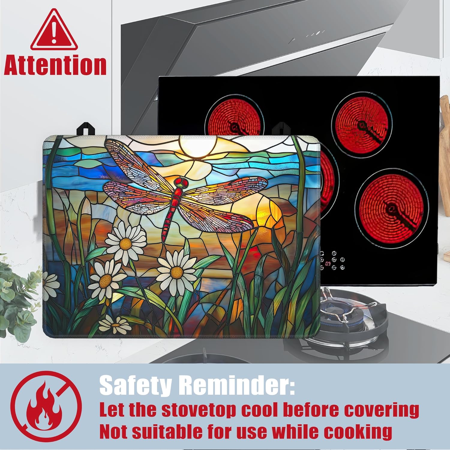 Dragonfly Glass Top Stove Cover Protector,Glass Flower Stove Top Covers for Electric Stove,Washable Heat Resistant Cooktop Mat Anti-Slip Range Covers, 28 x 20 Inch
