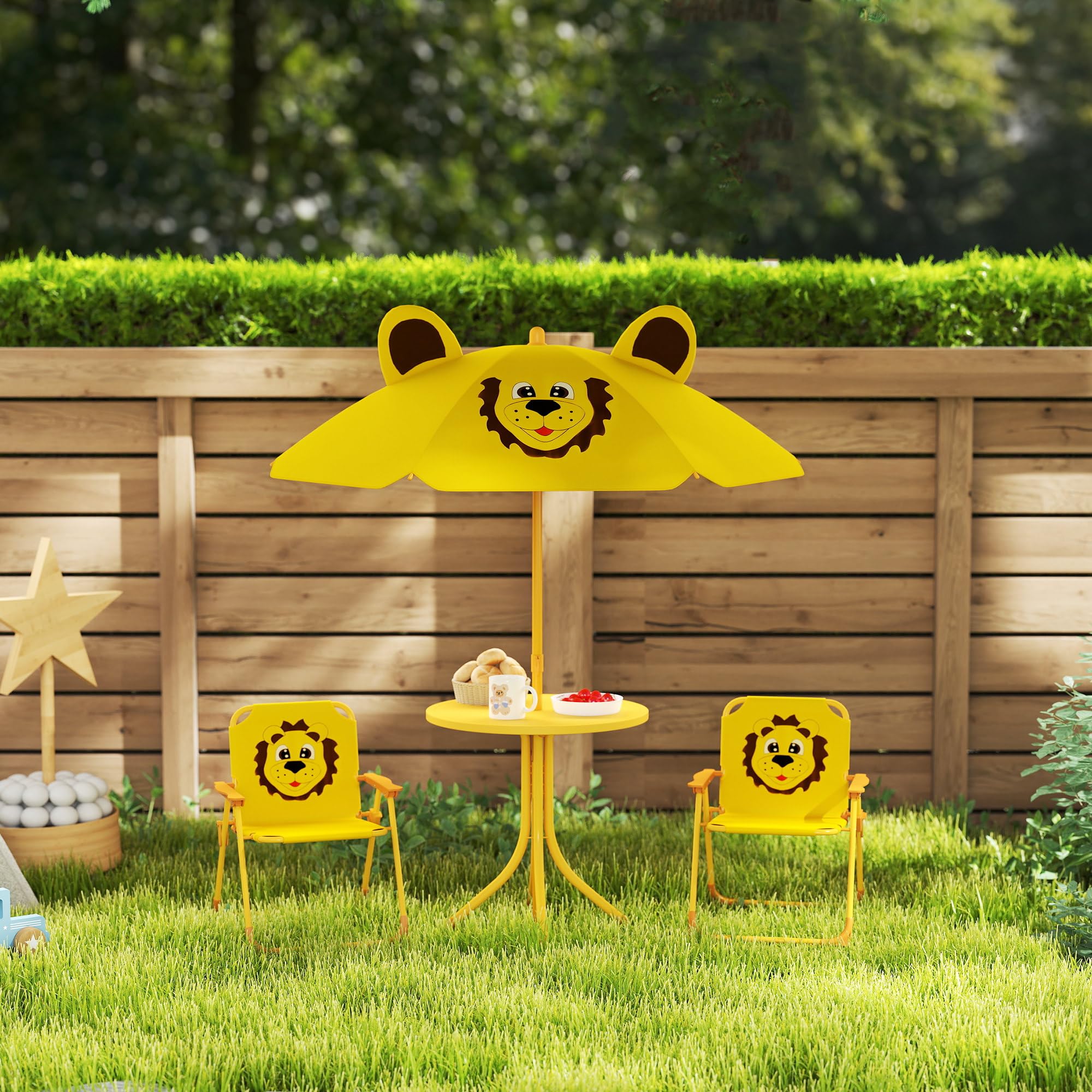 AIYAPLAY Salon de jardin pour enfant avec parasol réglable en hauteur et 2 chaises pliantes - Pour jardin, plage, jaune