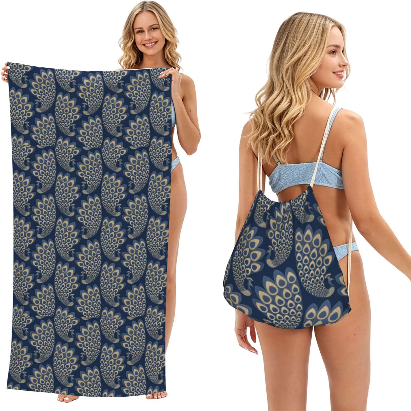 Poadnly Blue Gold Art Deco Peacock, 2 in 1 Packable Towel Bag, Beach Towels with Drawstring Backpack for Travel Holiday Camping