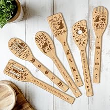 CUTHOLLOW 6PCS Cartoon Cats Wooden Kitchen Cooking Utensil Set | 11.9in Non Toxic Bamboo Wood Spoon Set for Cooking, Best Housewarming Birthday Thanksgiving Christmas Gift for Women Mother