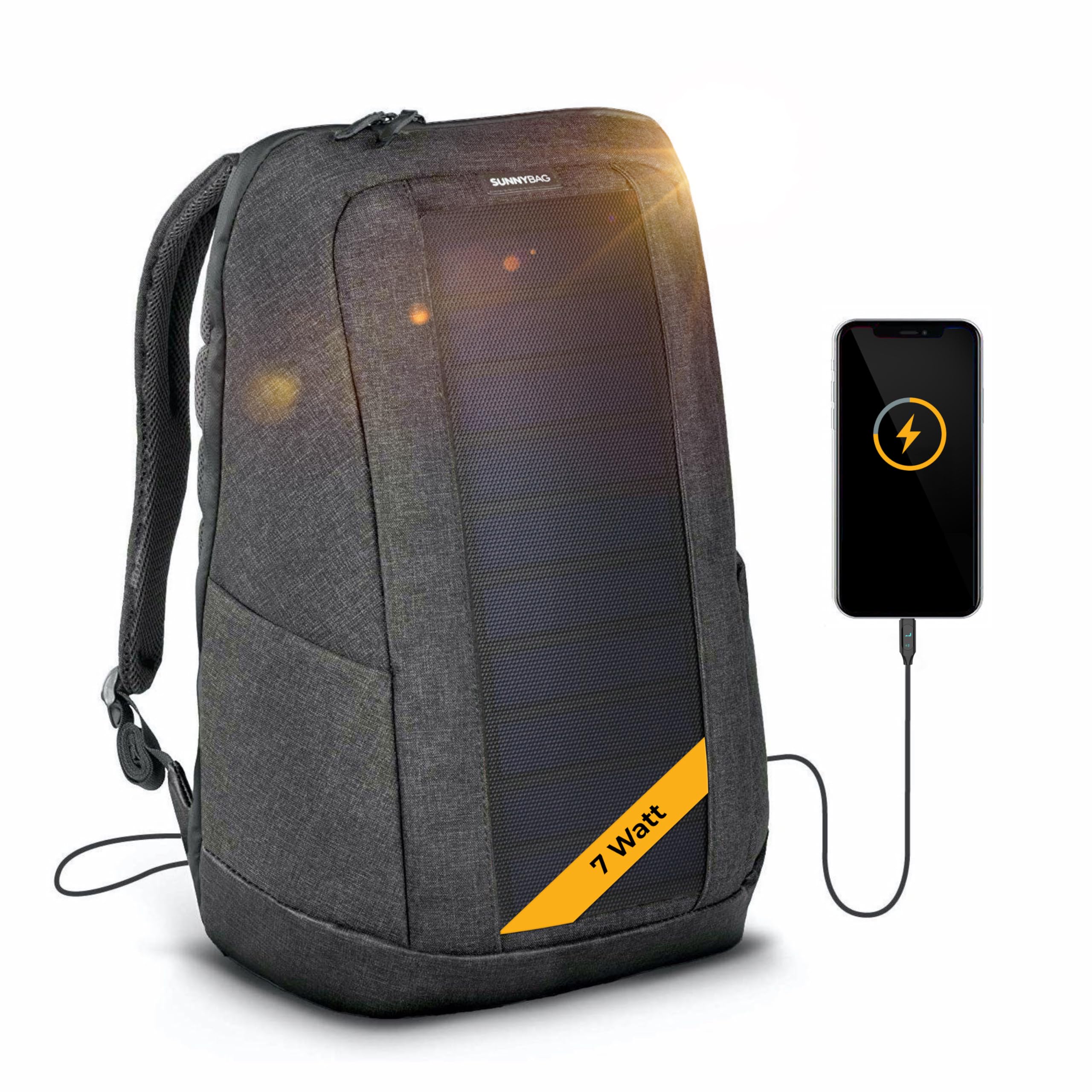 Sunnybag Iconic | Zaino solare con pannello solare integrato da 7 Watt | porta USB | ricarica wireless | scomparto per laptop da 17 pollici | 20 litri | tessuto riciclato idrorepellente | grafite
