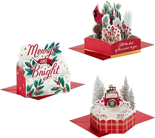 Hallmark Paper Wonder - Mini tarjetas de Navidad emergentes (3 tarjetas con sobres camión rojo, cardenal, feliz y brillante)
