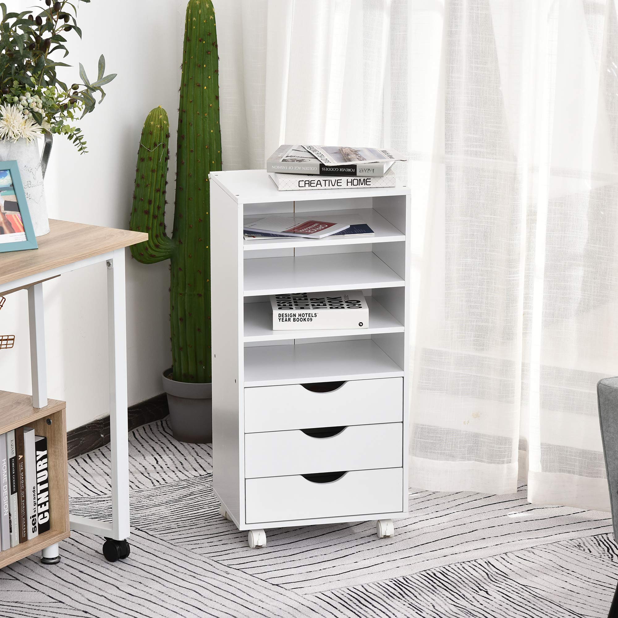 Vinsetto Commode de Bureau à Roulettes avec 3 Tiroirs et 4 Étagères Ouvertes - Bureau et Étude - Blanc - 40 x 30 x 83 cm