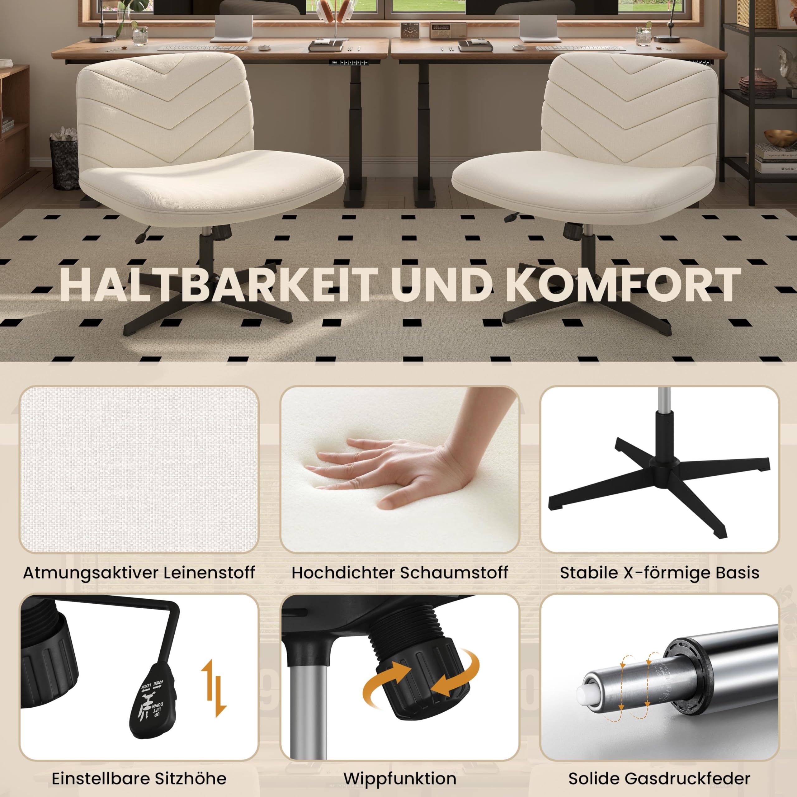 Yaheetech Homeoffice Stuhl aus Stoff in Leinenoptik, Ergonomischer Bürostuhl, Schreibtischstuhl mit breiter Sitzfläche, Höhenverstellbarer Drehstuhl ohne Rollen als Schneidersitz-Stuhl Beige