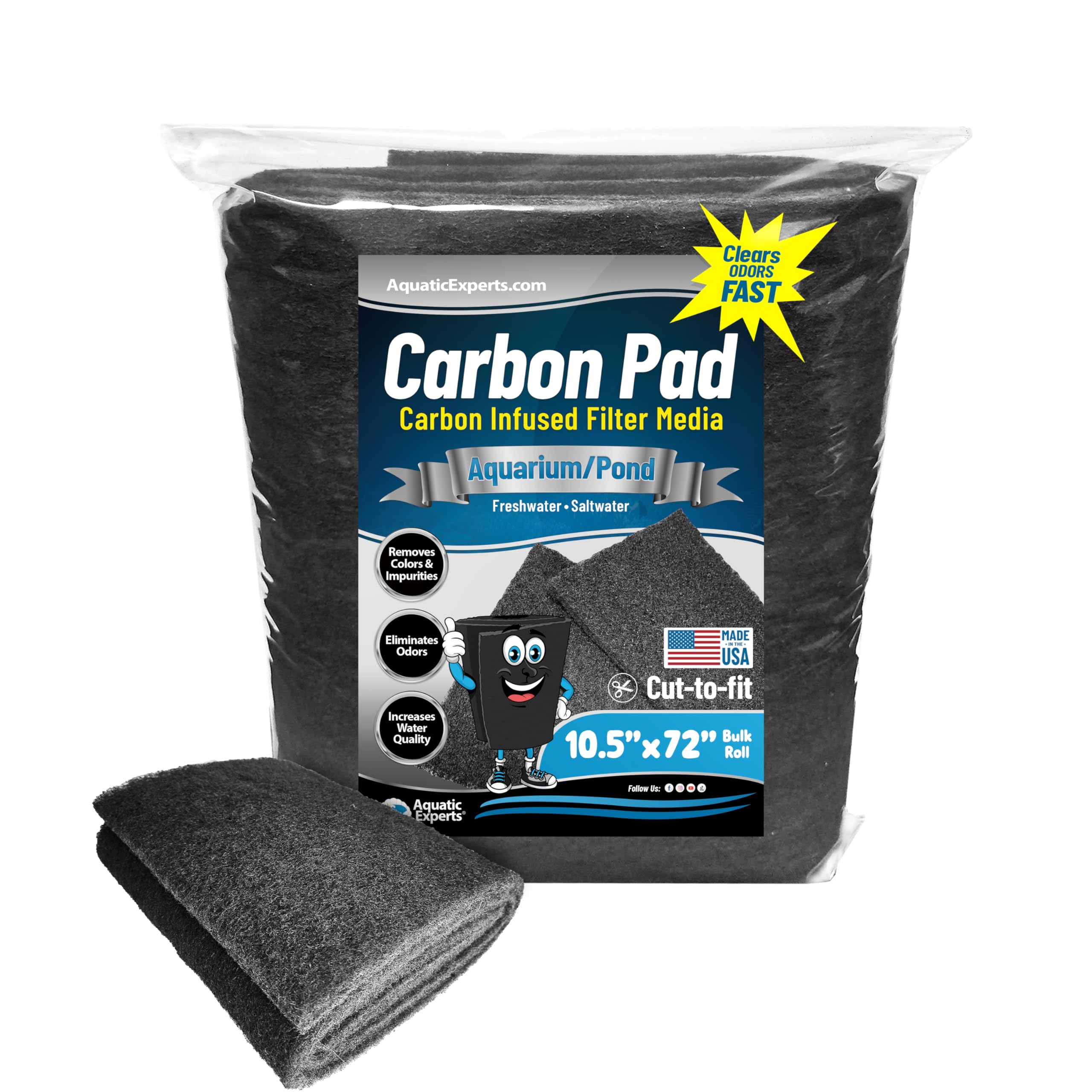 Aquarium Carbon Pad - Cut to Fit Carbon Infused Filter Pad Media for Crystal Clear Fish Tank and Ponds (10.5 Inch Width, 72 Inch Long)