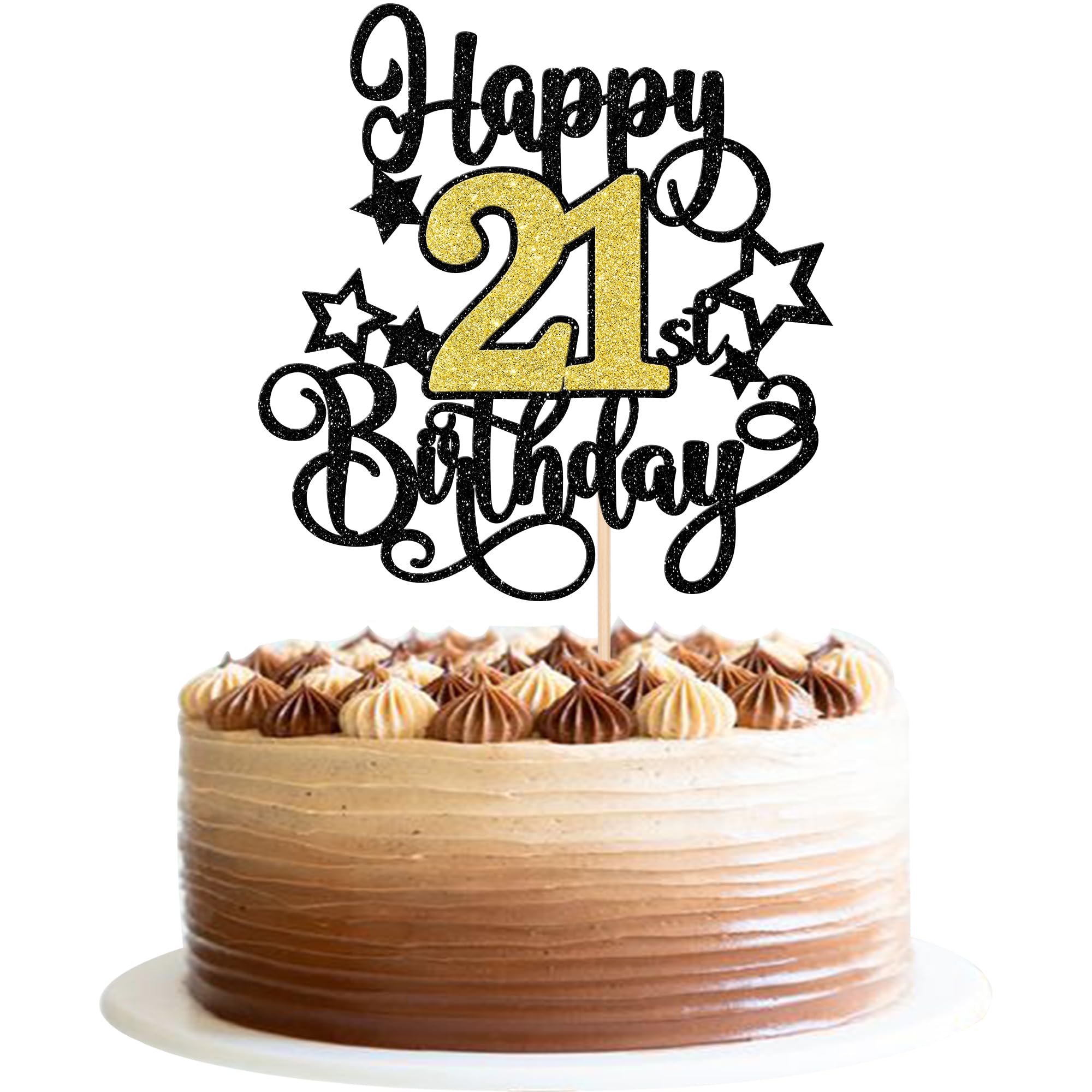 1 PCS Happy 21st Birthday Cake Topper Black Gold Glitter Cheers to 21 Years Birthday Cake Pick Hello 21 Fabulous Cake Decoration for Happy 21st