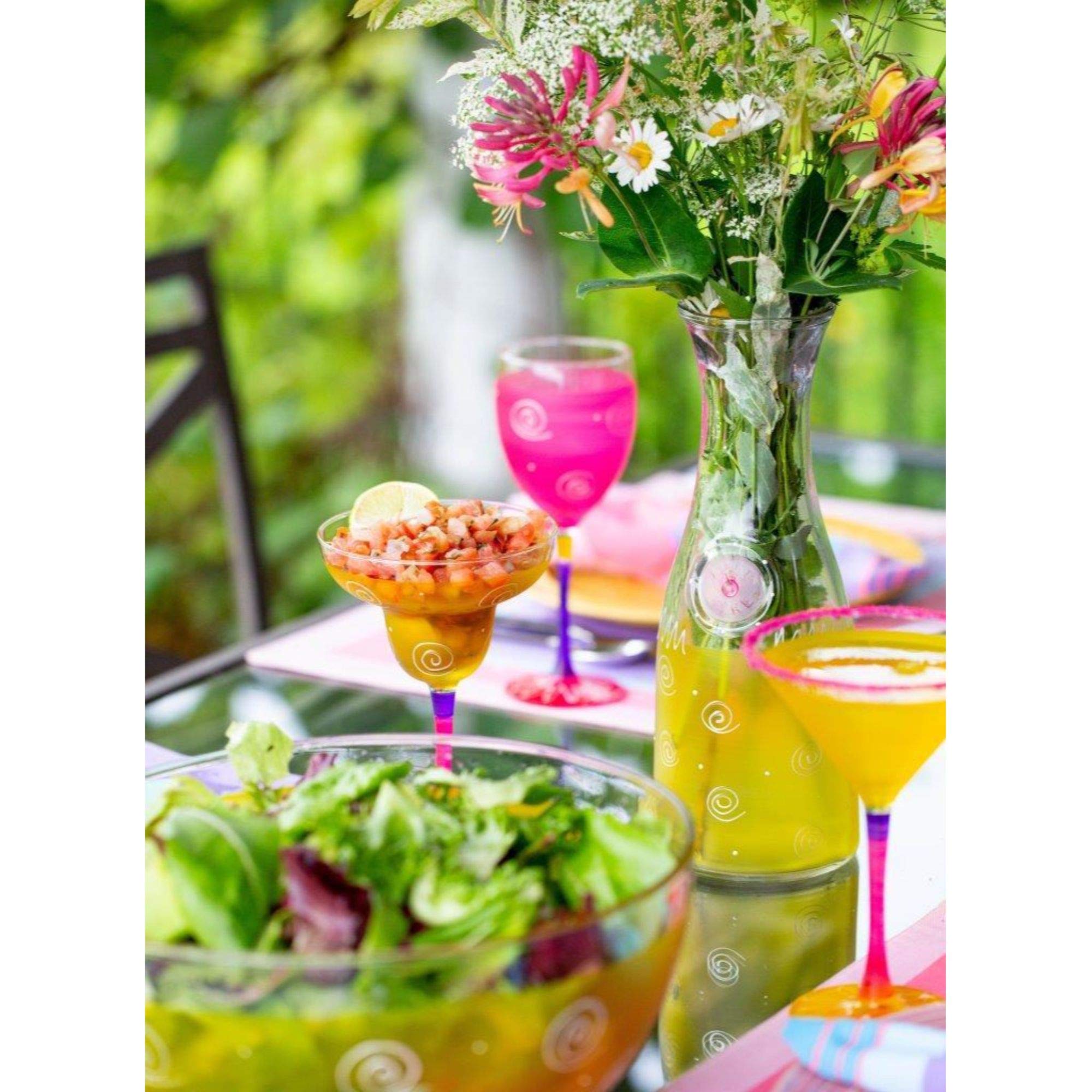 Set of 2 Yellow & White Hand Painted Margarita Drinking Glasses - 12 Ounces