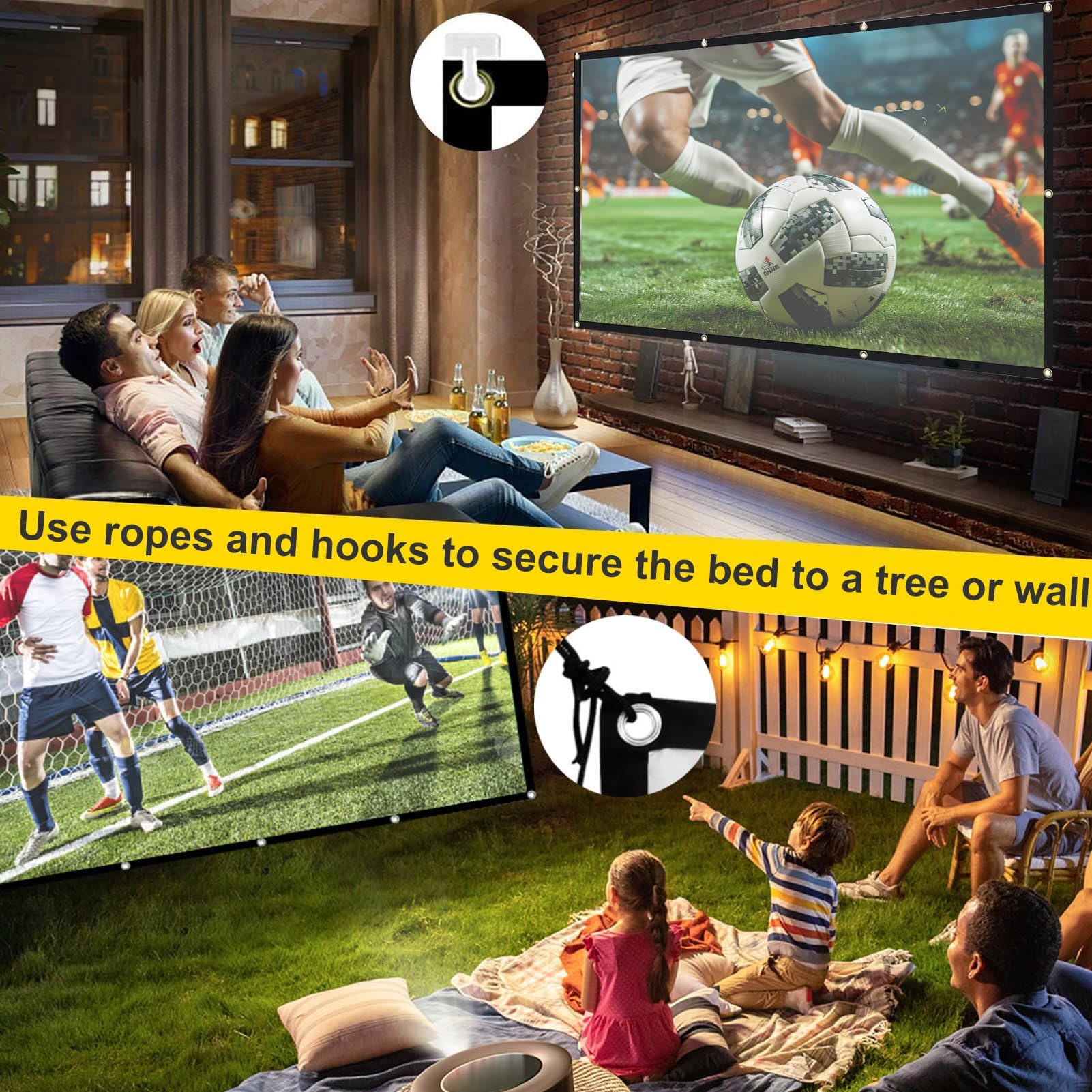 Générique Écran de Projecteur HD Portable en Polyester, Lavable Grand Ecran Videoprojecteur avec Sac de Transport, Crochets et Cordes, pour Cinéma Maison/en Plein Air(120in)