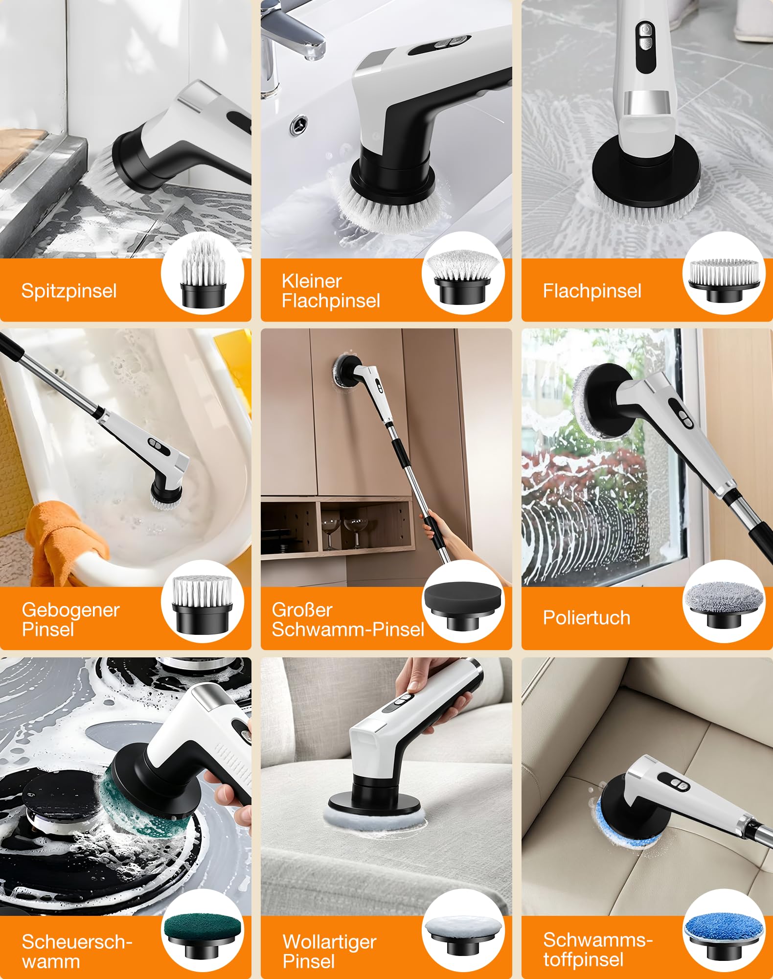 Elektrische Reinigungsbürste mit 9 Wechselbürsten, 3 Geschwindigkeiten, IPX8 Wasserdicht, 3000 mAh Akku, LED Light, Teleskopgriff, 360° Elektrische Bürste zum Putzen für Bad,Küche,Fliesen,Auto