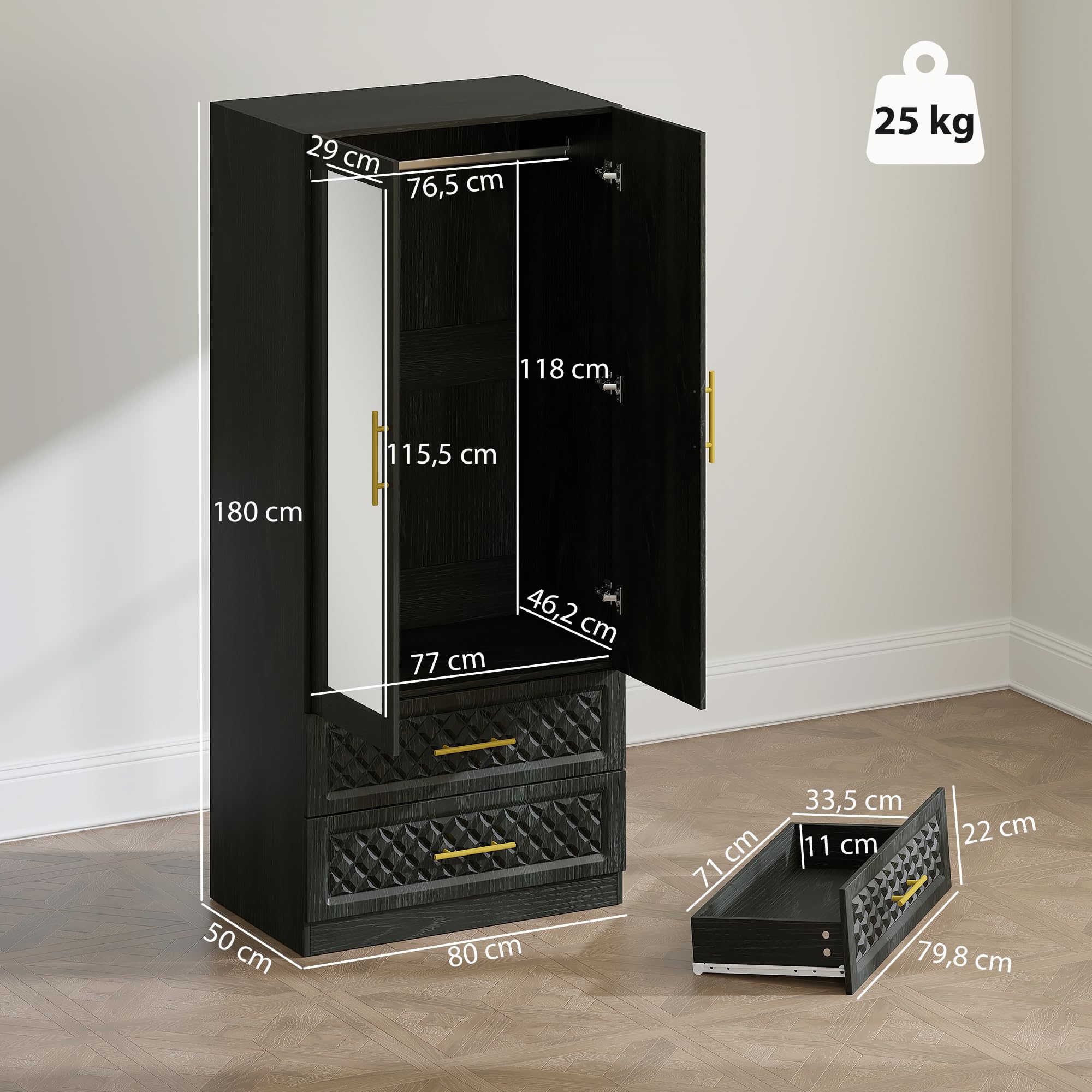 HOMCOM Armario Dormitorio 2 Puertas y 2 Cajones Espejo 80x50x180 cm Negro
