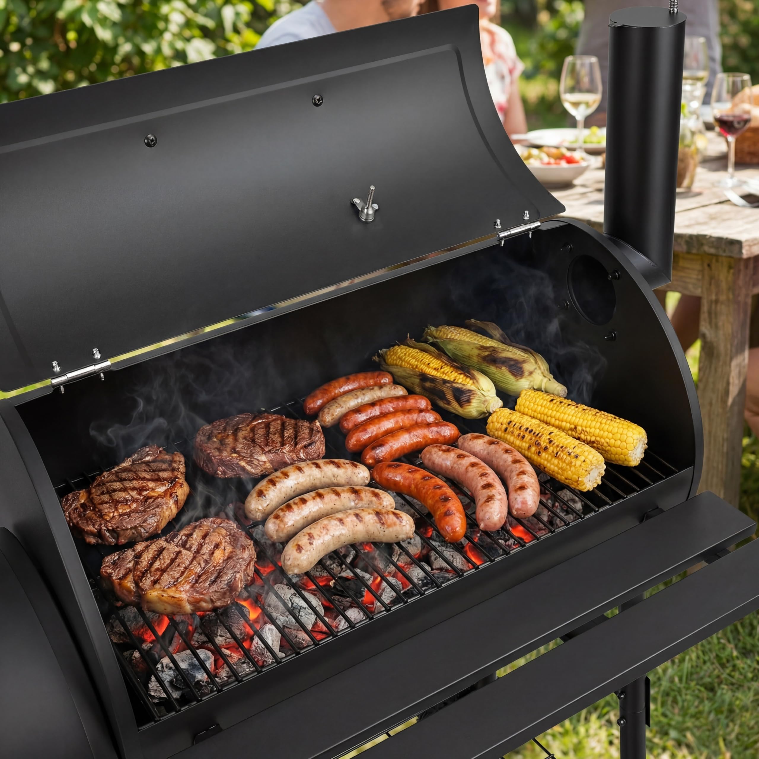 Grill wędzarniczy na węgiel drzewny z pokrywką i termometrem, na kółkach, 2-komorowy wędzarnia do bezpośredniego i pośredniego grillowania, grill ogrodowy z półką, czarny
