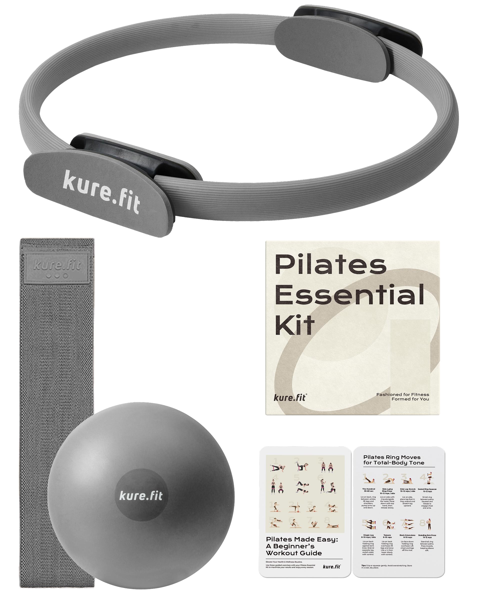 kure.fit Home Pilates Essentials Kit for Women | Pilates Ring, Mini Ball, Booty Band Set | Pilates Equipment Starter Set in Gift Box | Workout Guide Included