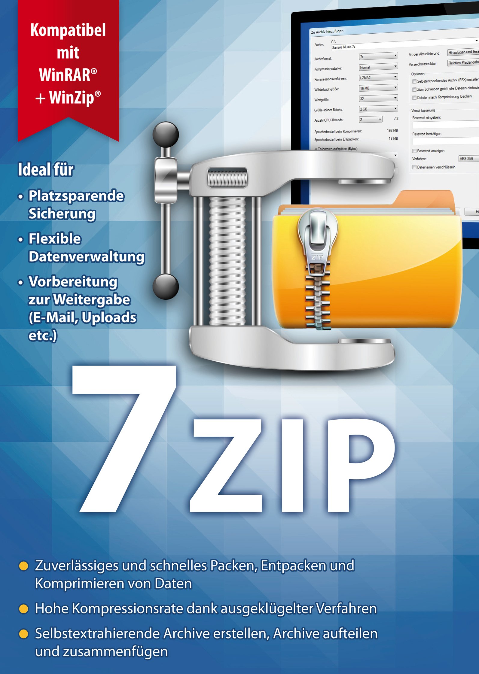7 Zip Packen – Entpacken – Komprimieren - 100% kompatibel mit WinZip, Winrar für Windows 11 / 10 / 8.1 / 8 / 7