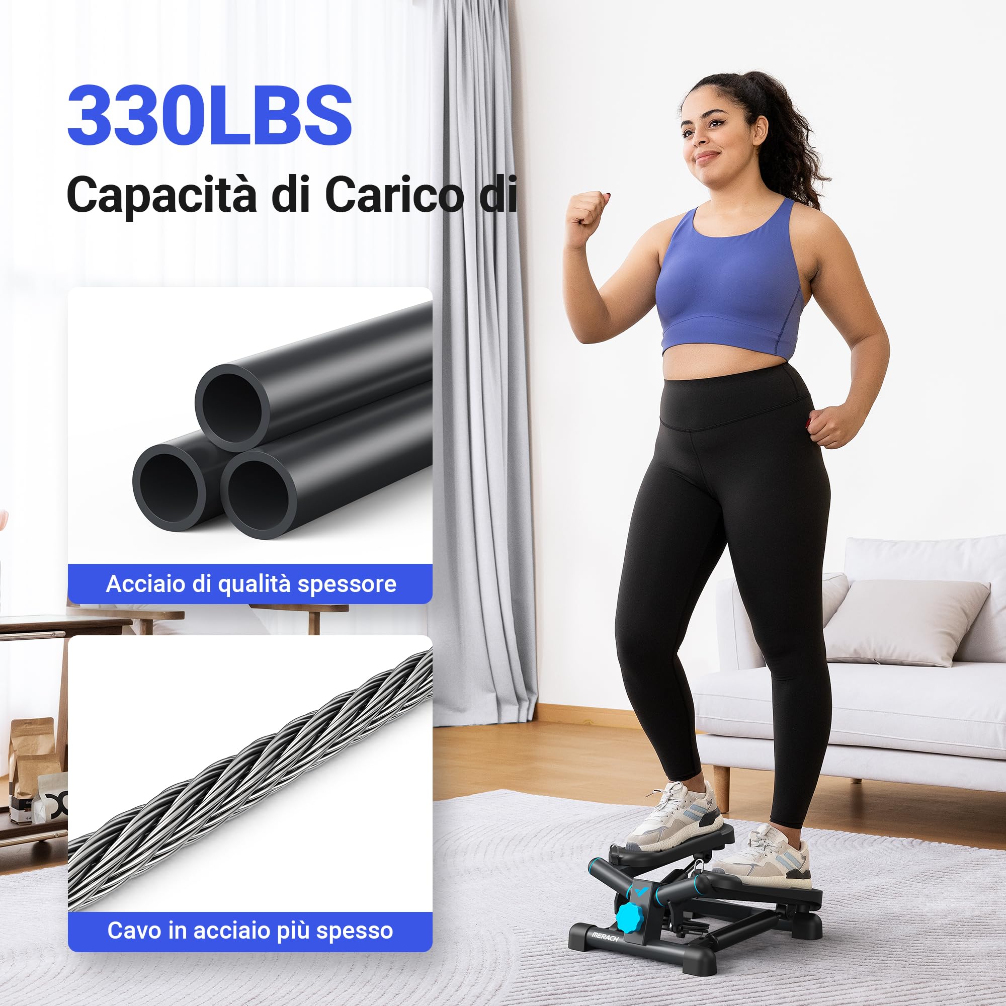 MERACH Stepper 2 in 1 per Casa, Mini Stepper Silenzioso da Fitness 150 kg con Monitor LCD, Stepper Oscillante Su-Giù con Power Ropes per Allenamento Gambe/Braccia/Glutei, Esercizio per Ufficio a Casa