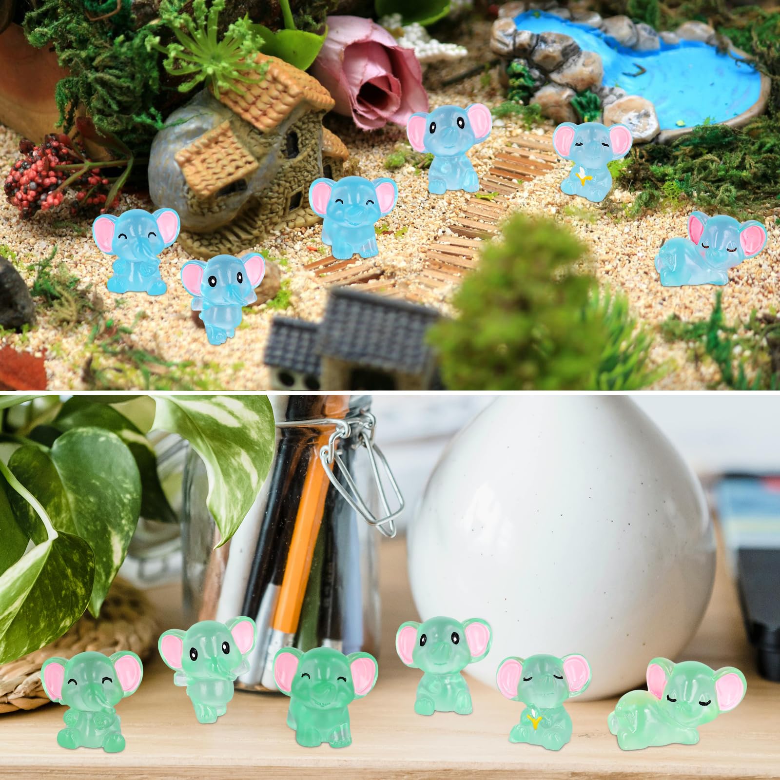 48szt Swiecacych Sloni, Uroczych Miniaturowych Swiecacych Sloni z Zywicy Miniaturowych Swiecacych w Ciemnosci Sloni Dekoracji Statuy Zwierzat do Dekoracji Ogrodowego Domku dla Lalek