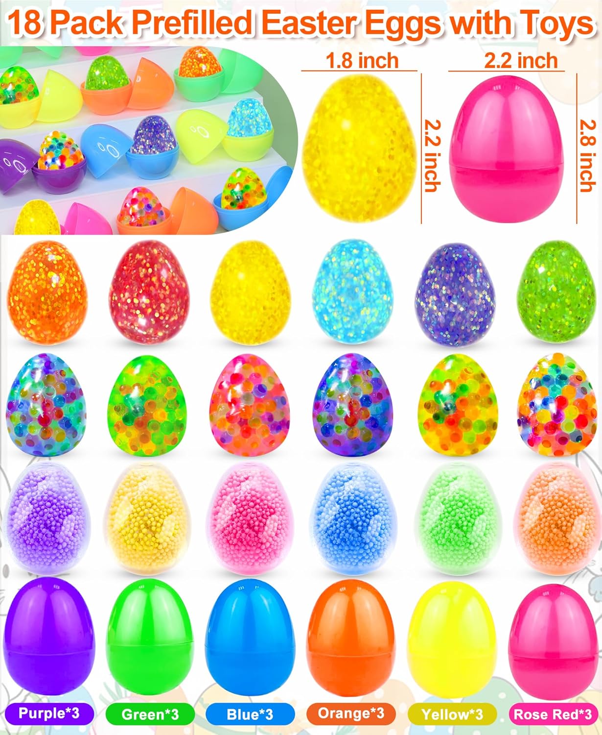 18 Pack Prefilled Easter Eggs with Stress Balls Fidget Toys Sensory Stress Relief Squishy Toys Easter Basket Essentials Fillers Stuffers for Toddler Kids Egg Hunt Party Favors Gifts Classroom Prizes - Image 2