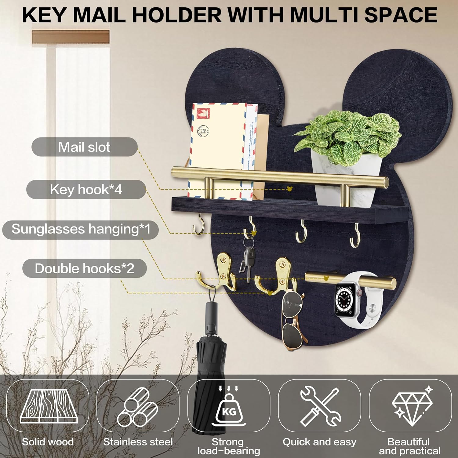 AIRPOP Key Holder for Wall–Mouse Wooden Mail Organizer Wall Mount with Shelf and 6 Hooks, Easy Installation Key Rack Hanger for Entryway Living Room Home Decor (Black)