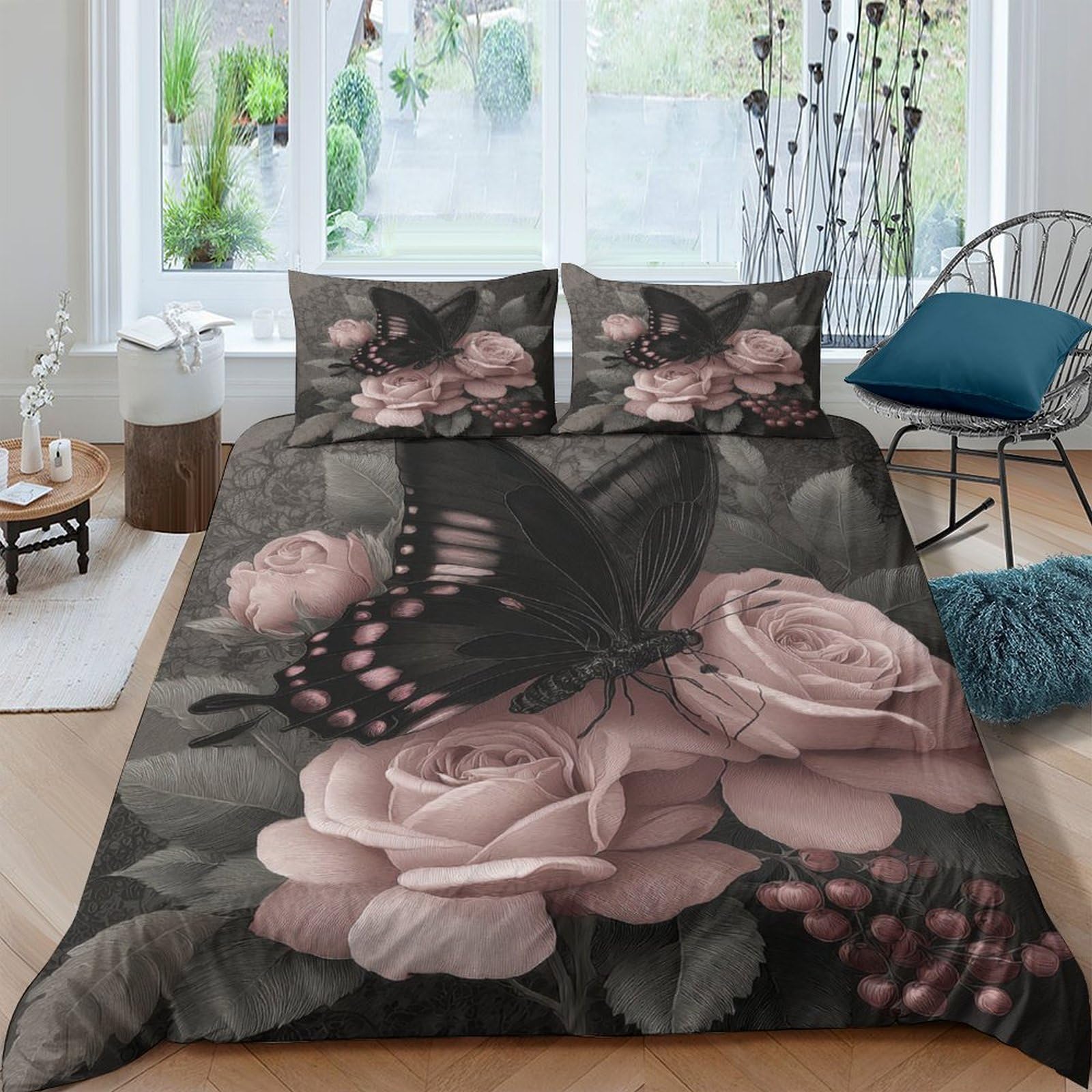 Ctjqhvkz Style-3 3D Printed Black Butterfly Fitted Sheet Microfiber Pink Rose Bed Cover Non-Slip Machine Washable For Bedroom Guest Room Single（135X200cm）