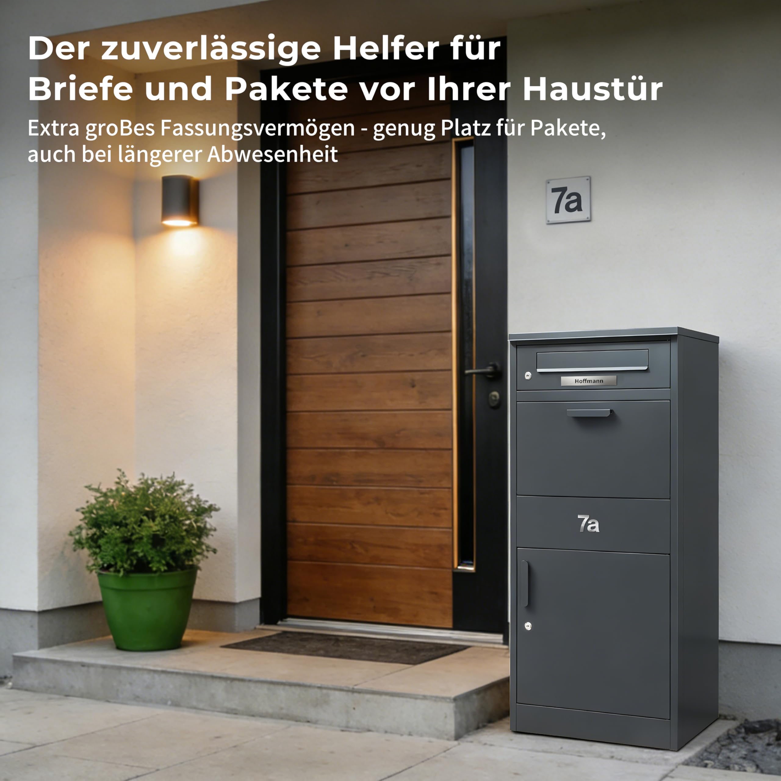 Zedelmaier Paketbox Briefkasten mit großem Paketfach, XXL Paketbriefkasten für Außenbereich, personalisiert mit Edelstahl Namensschild & Hausnummer, inkl. 4 Schlüssel(112 x 50 x 39 cm)