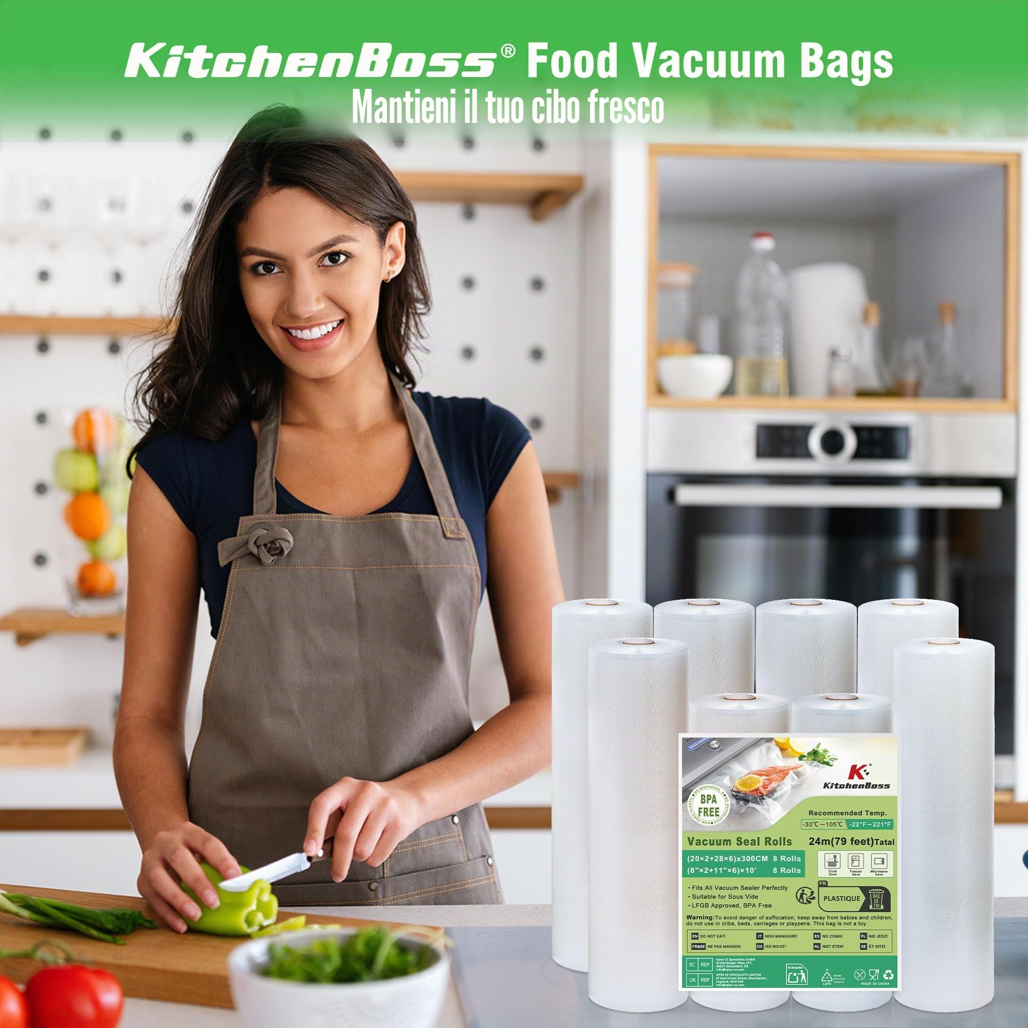 KitchenBoss Sacchetti Sottovuoto Alimenti：Buste Sottovuoto Alimenti 20x2/28x6/300 cm, 8 Rotoli, Rotolo Sottovuoto Alimenti Senza BPA, Adatti per Macchine Sottovuoto & Cottura Sous Vide