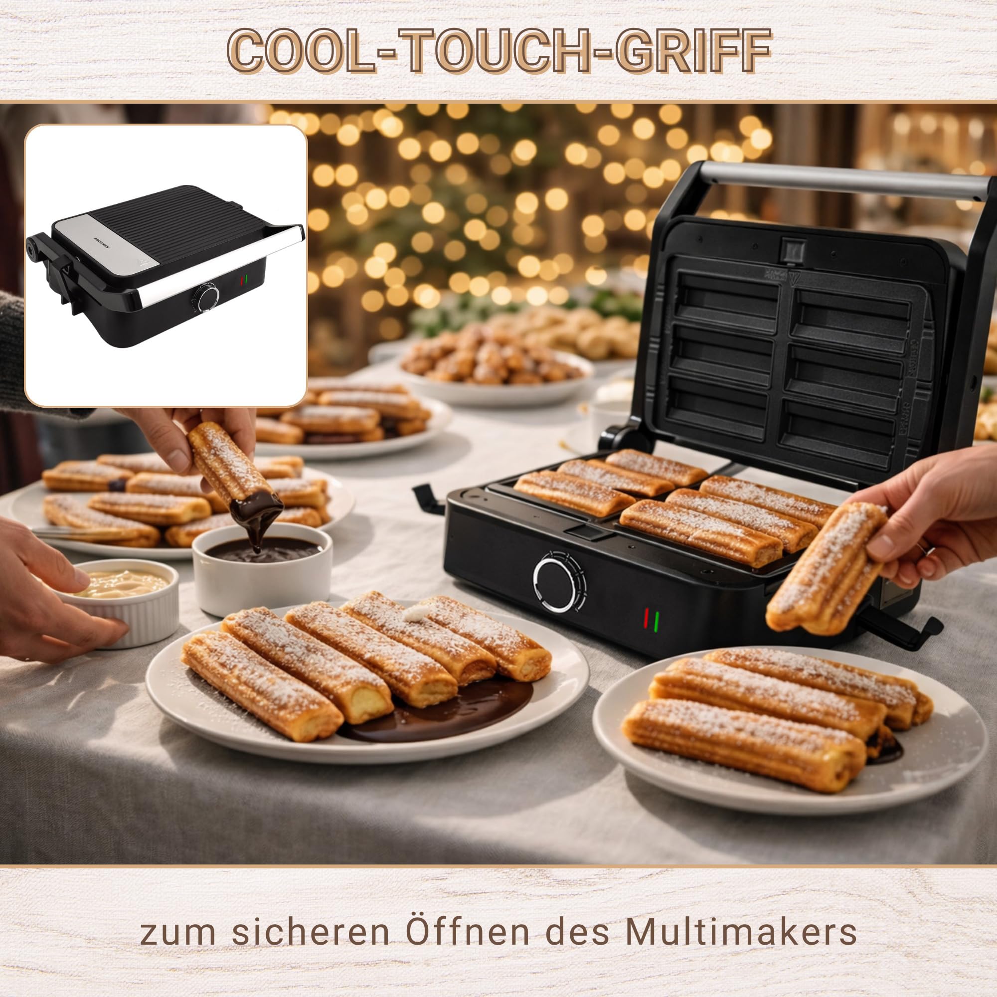 Syntrox Churros Kombigerät Multifunktionsmaker mit Wechselplatten, Kontaktgrill Edelstahl, Multifunktions Sandwichmaker, mit austauschbaren Platten, multifunktionales Küchengerät