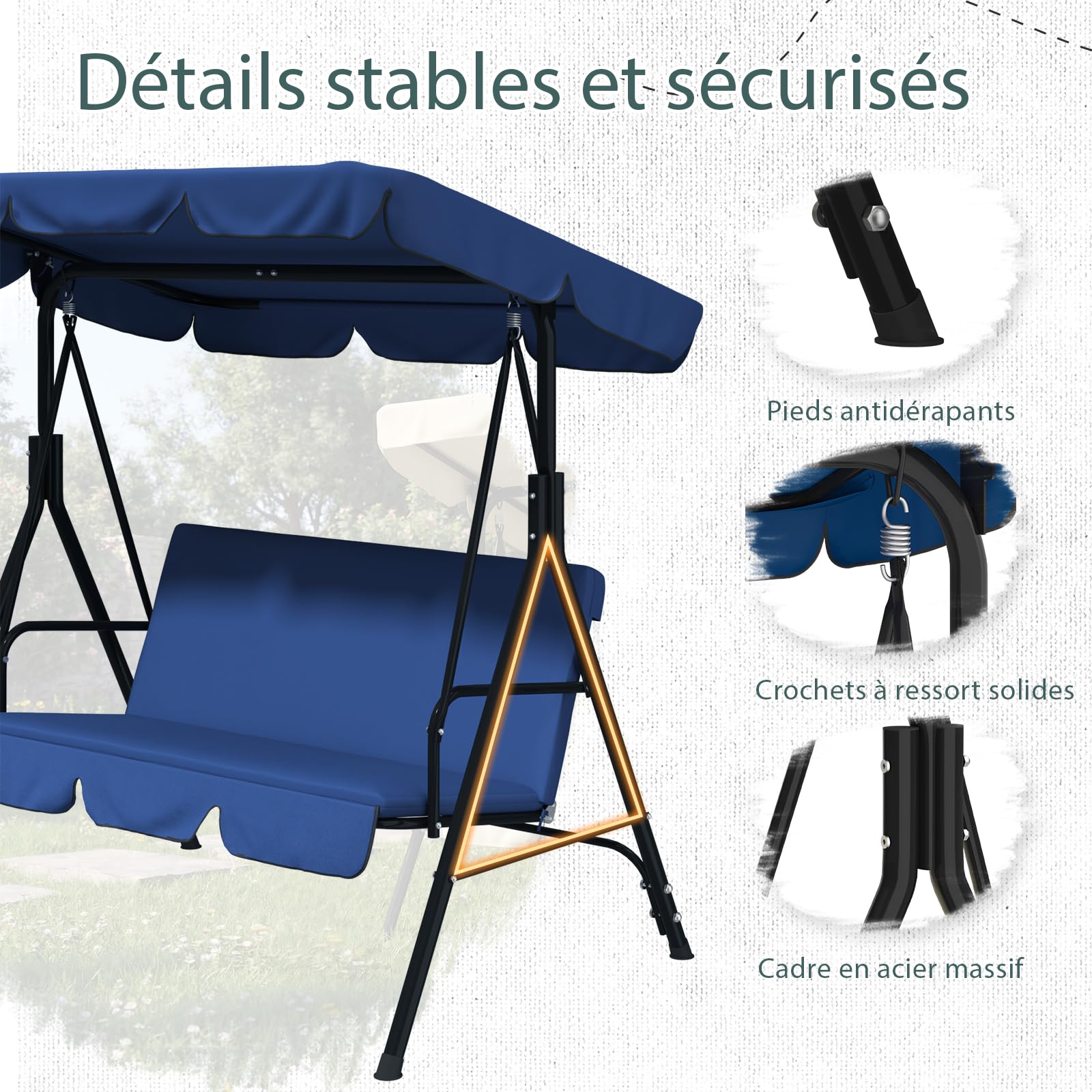YODOLLA Balancelle de Jardin 3 Places, Auvent Réglable & Coussin Amovible, Charge 204kg, Balancoire Extérieure pour Terrasse, Piscine, Porche, 172 × 112 × 151 cm (Bleu)