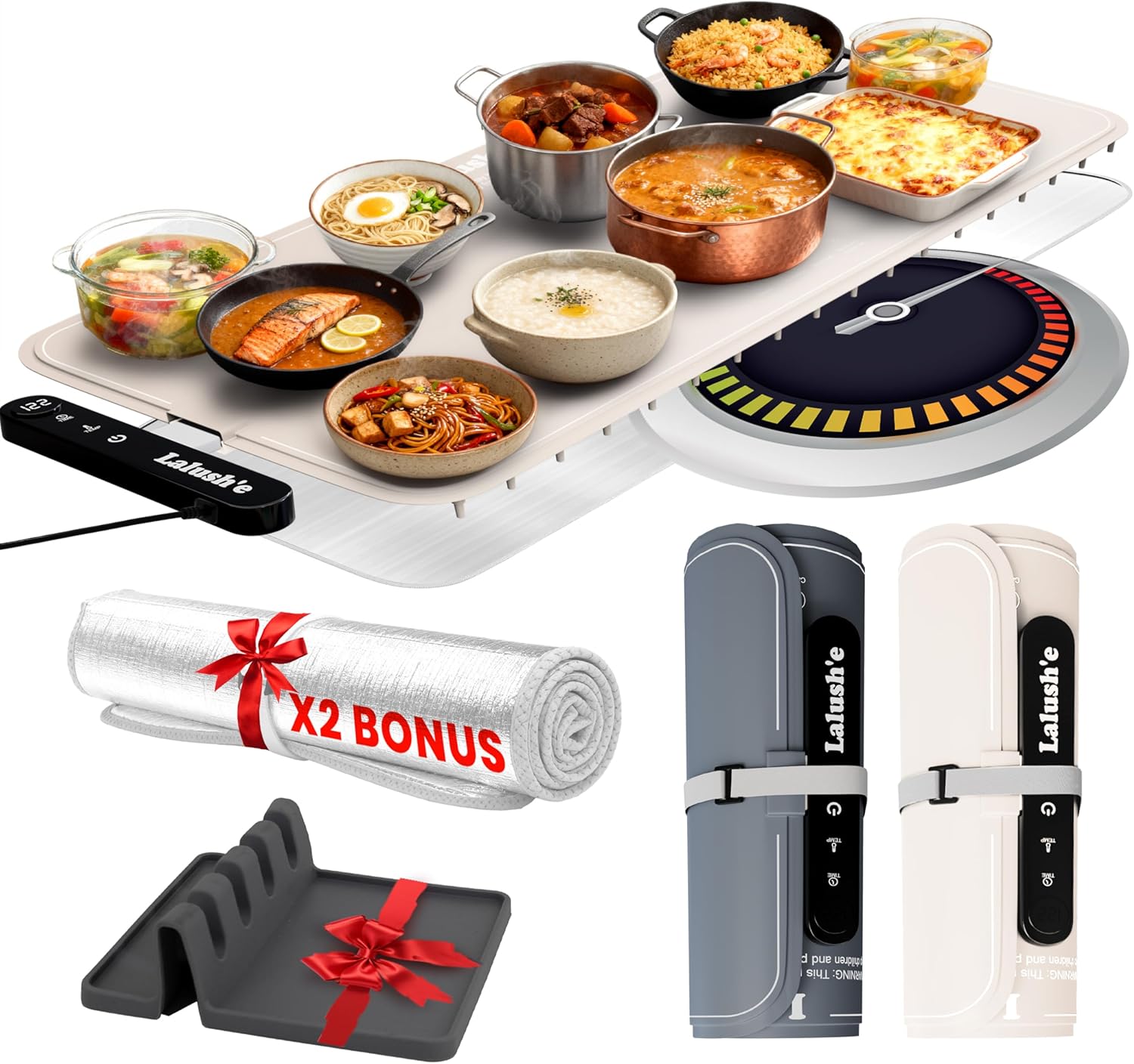 Lalush'e Electric Food Warming Mat, XXL 36x15 - Graphene Portable Food Warmer for Parties, Hosting & Buffet Serving Foldable Heating Tray with 7 Temp Settings, Spoon Rest and Travel Isolation Pad Beige