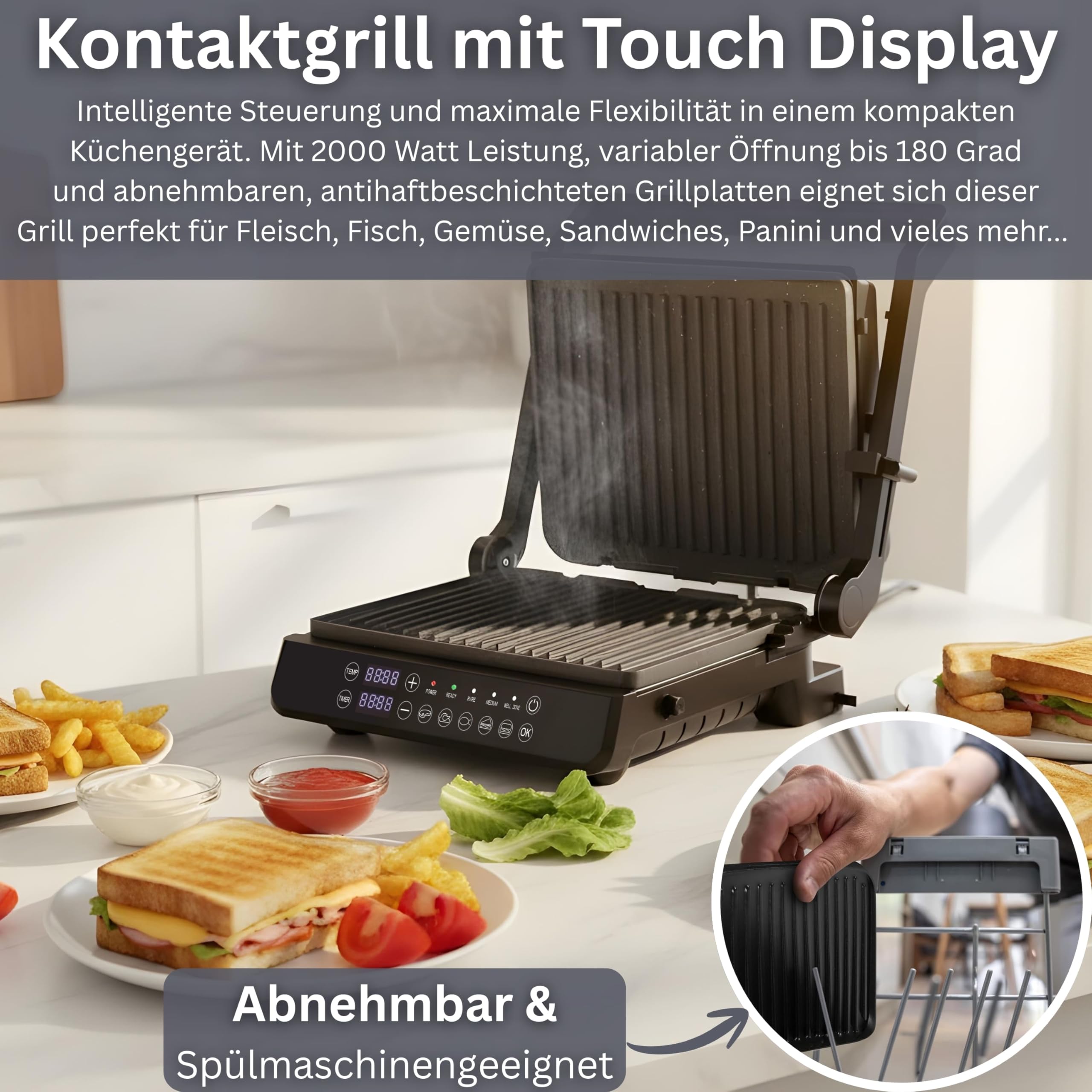 Zilan Digitaler Kontaktgrill abnehmbare Platten spülmaschinengeeignet 2000W Touch Bedienung, 5 Programme elektrischer Grill - Tischgrill - Temperatur- & Timeranzeige - Panini-, Sandwich- & Steakgrill