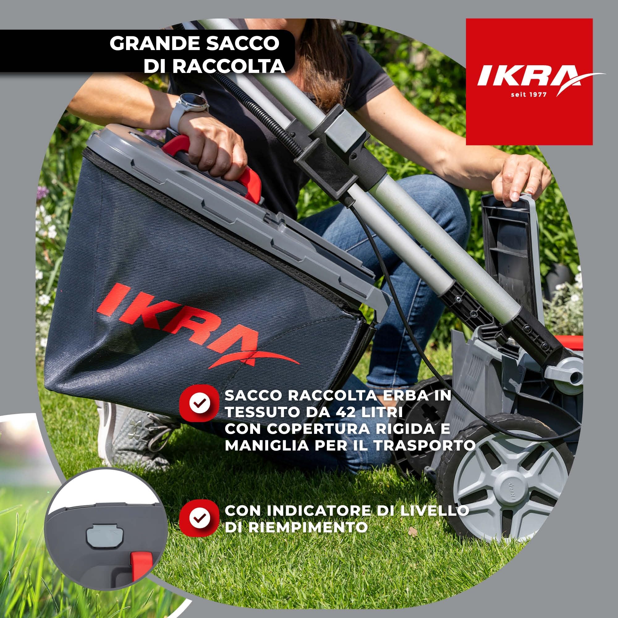 IKRA 36V tosaerba a batteria mulching 3in1 IB-LM 38, prati fino a 400 m², larghezza di taglio 38 cm, altezza di taglio 30-75 mm, compatibile con Bosch