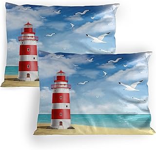 Ambesonne Beach Pillow Sham Set of 2, Realistic Illustration Lighthouse on Calm Seashore Flying Seagulls Ocean Scenery, Quality Microfiber Bedding Item for All Seasons, 30