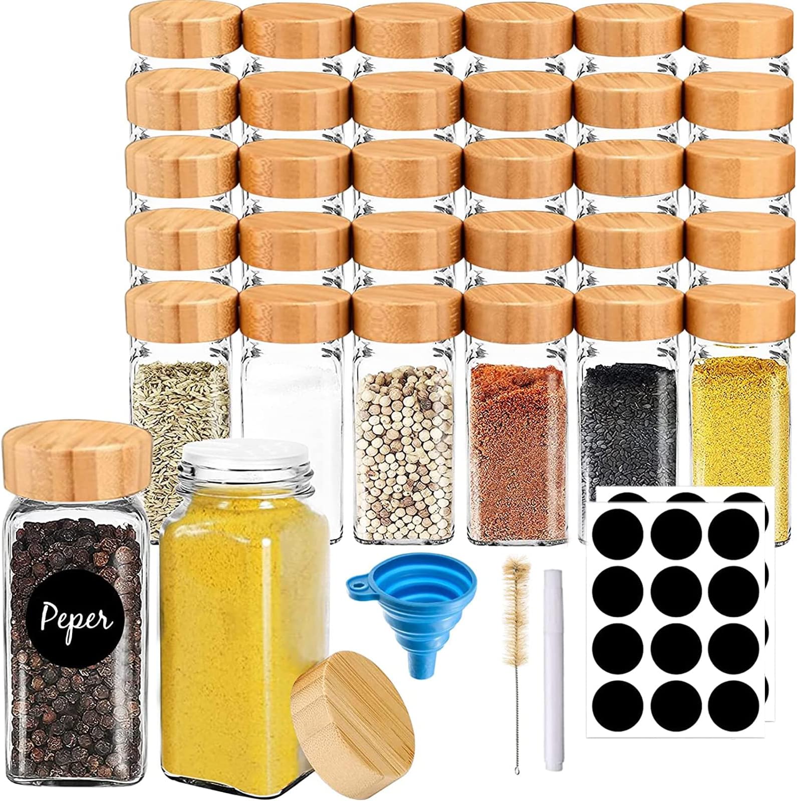 U-HOOME 24 Pcs Spice Jars with Labels,4 oz Glass Spice Jars with Bamboo Lids,Spices Container Set with Stickers,Collapsible Funnel,Pen,Seasoning Storage Bottles for Spice Rack, Cabinet, Drawer