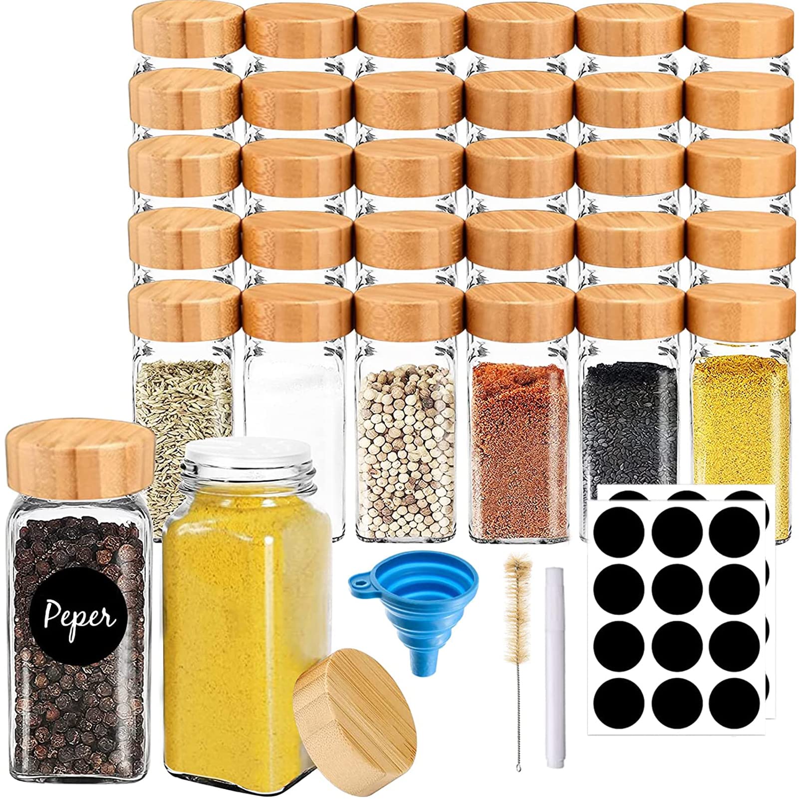 U-HOOME 24 Pcs Spice Jars with Labels,4 oz Glass Spice Jars with Bamboo Lids,Spices Container Set with Stickers,Collapsible Funnel,Pen,Seasoning Storage Bottles for Spice Rack, Cabinet, Drawer
