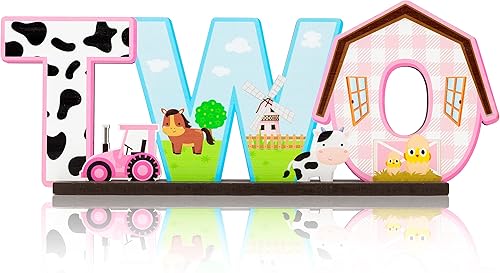 Haooryx Centro de mesa de granja – Cartel rosa de animales de granja de madera, centro de mesa de granero, fiesta de cumpleaños, decoración de