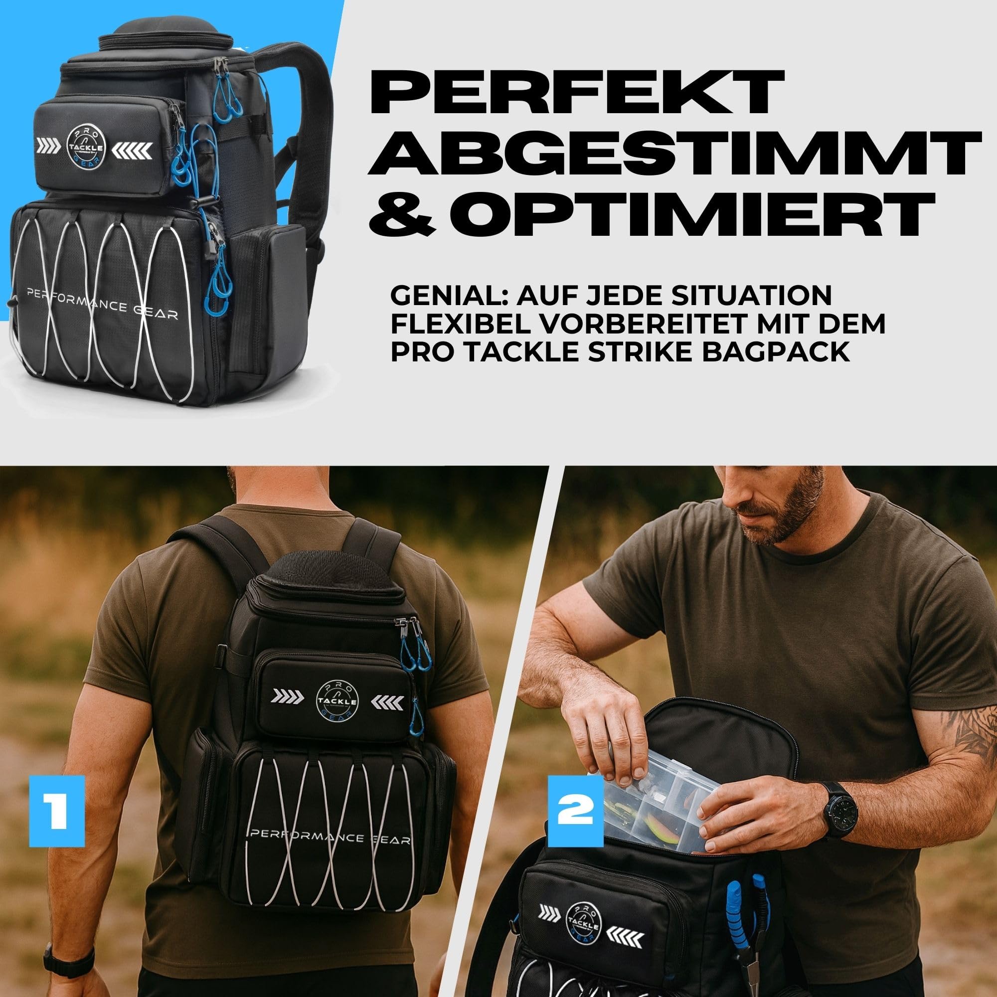 Pro Tackle STRIKE Bagpack – Robuster Angler Rucksack aus 420D Oxford Nylon, 2 Hauptfächer, Fronttasche, Seitentaschen, Brillencase, für Outdoor & Angeln – Schwarz