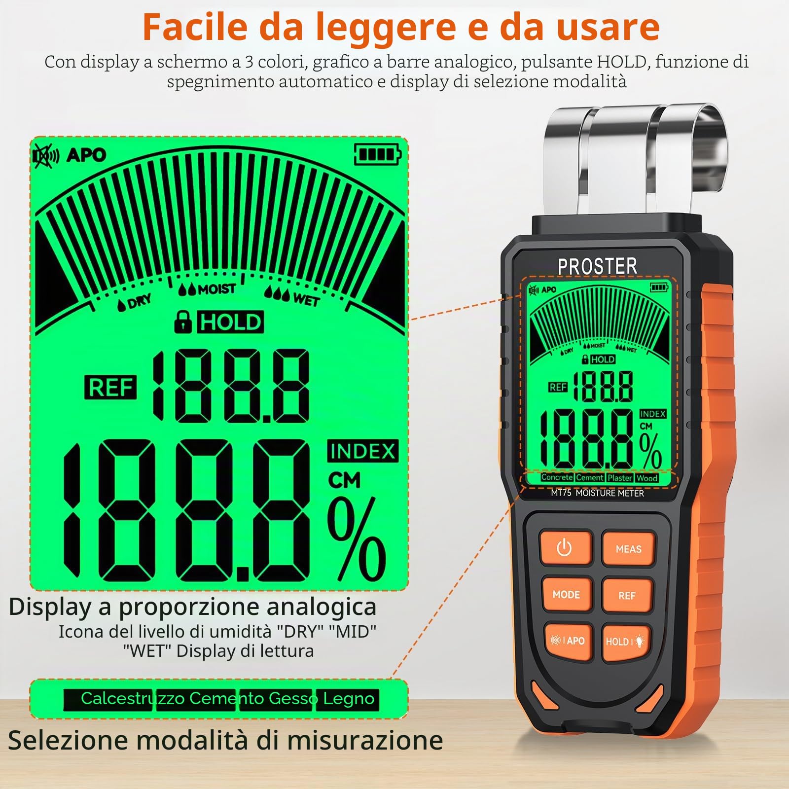 Proster Misuratore di Umidità Ricaricabile Senza Punte per Pareti con Schermo LCD a 3 Colori e 5 Modalità Legno Calcestruzzo Cemento Gesso INDEX Allarme Sonoro e Luminoso Rilevamento Fino a 40 mm