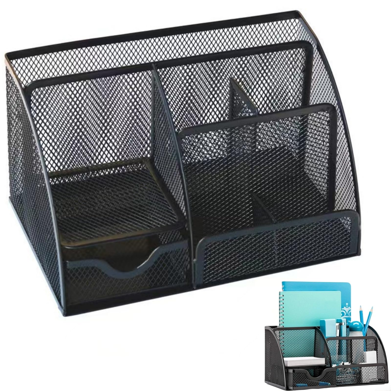 Zykphao Black Mesh Desk Organiser With Drawer | 6-Compartment Desk Tidy | Pen & Stationery Holder | Office & Home Storage | Metal Wire Organizer | H13 X W22 X D14cm