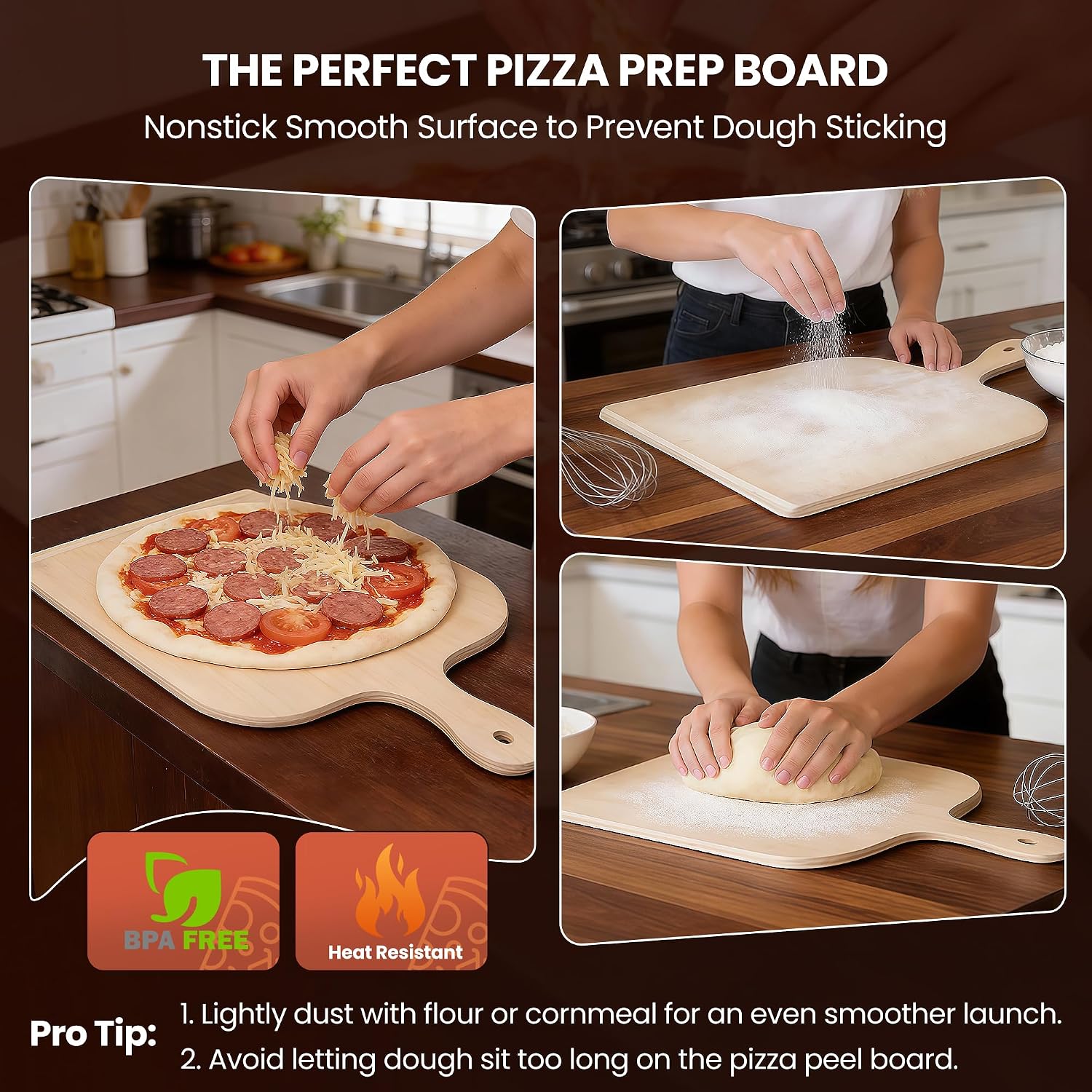 11inch Wooden Pizza Peel, Easy-Glide Beveled Edge, Nonstick | Small Pizza Spatula Paddle for Transferring, Serving, Versatile Pizza Board with Easy-To-Grip Handle for Oven, Stone, Grill thumbnail