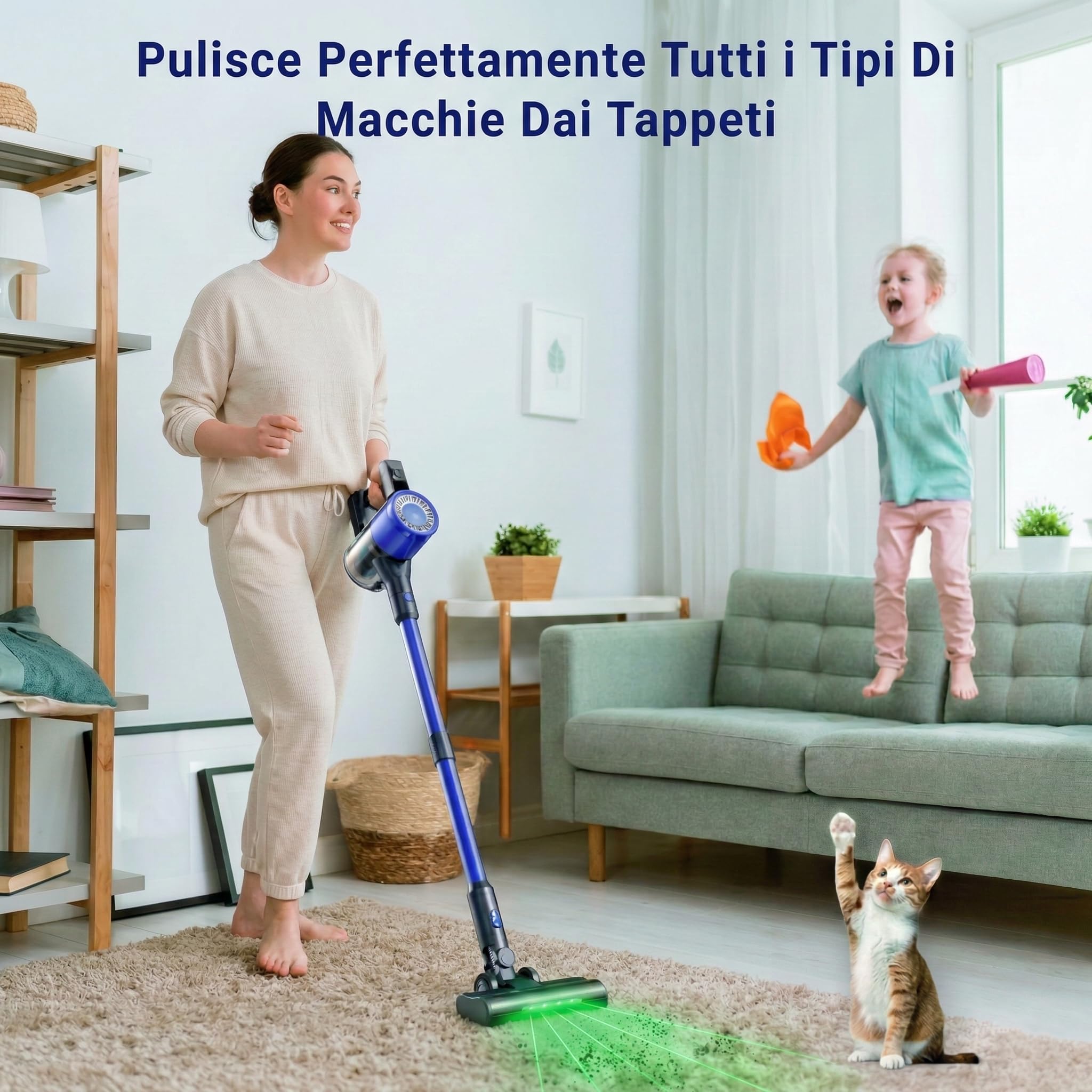 Aspirapolvere Senza Fili Potente 650W/58KPA/60Mins, Scopa Elettrica Senza Fili Anti-Groviglio LED Peli Animali, 2,3kg Ultraleggero, 2L Senza Sacco, Filtro HEPA,Pavimenti Duri e Tappeti (BLUE)