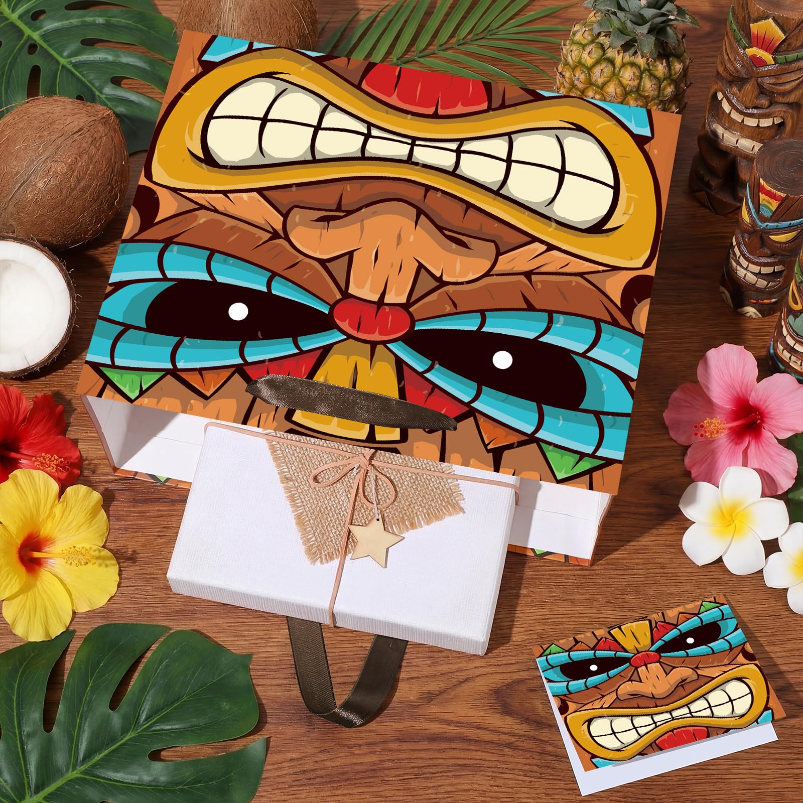 Tiki Gift Bag Brown Hawaiian Wrapping Paper Bag with Tissue Paper and Greeting Card Aloha Luau Party Favors Hawaiian Themed Party Decor for Hawaii Tropical Summer Festival Birthday Party Supplies