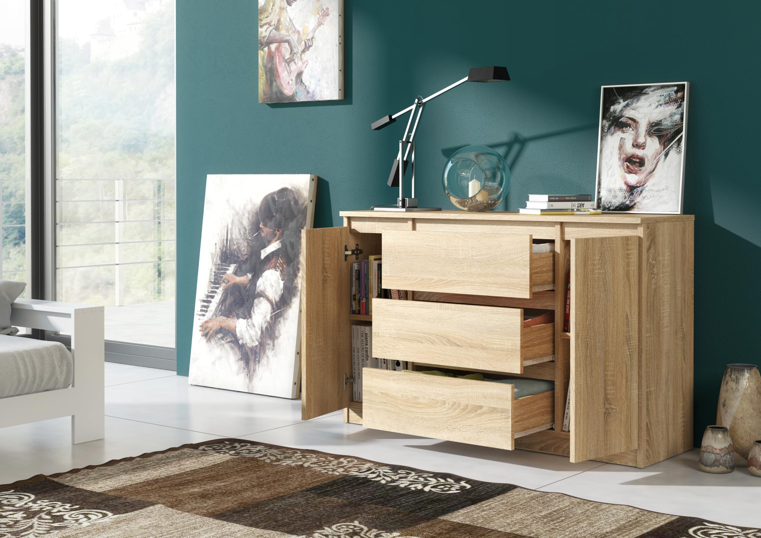 meble masztalerz Komoda Dąb Sonoma Mat z 3 szufladami i 2 drzwiami - 120,4x78,2x39 cm - Komoda do salonu, sypialni - Szafka z szufladami - Komoda z szufladami - 120 cm